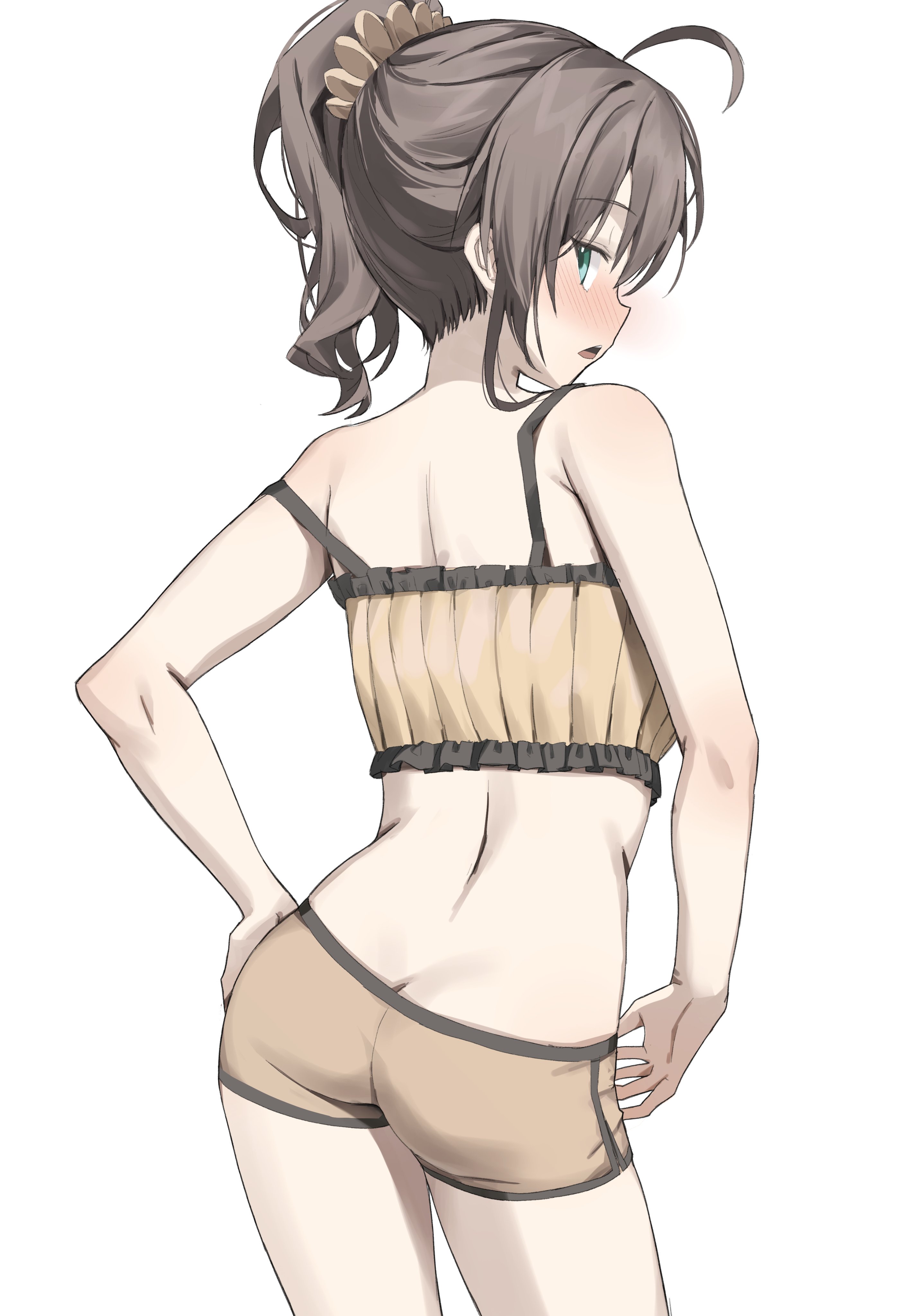 scarlet (wv0102), natsuiro matsuri, natsuiro matsuri (matsuri's day off), hololive, absurdres, commentary, highres, symbol-only commentary, 1girl, ahoge, ass, back, bare arms, bare shoulders, blue eyes, brown hair, cowboy shot, crop top, from behind, hair ornament, hair scrunchie, hand on own hip, long hair, looking at viewer, looking back, median furrow, midriff, open mouth, ponytail, ribbed shirt, scrunchie, shirt, short shorts, shorts, simple background, sleeveless, sleeveless shirt, solo, strap slip, virtual youtuber, white background, yellow shirt, yellow shorts