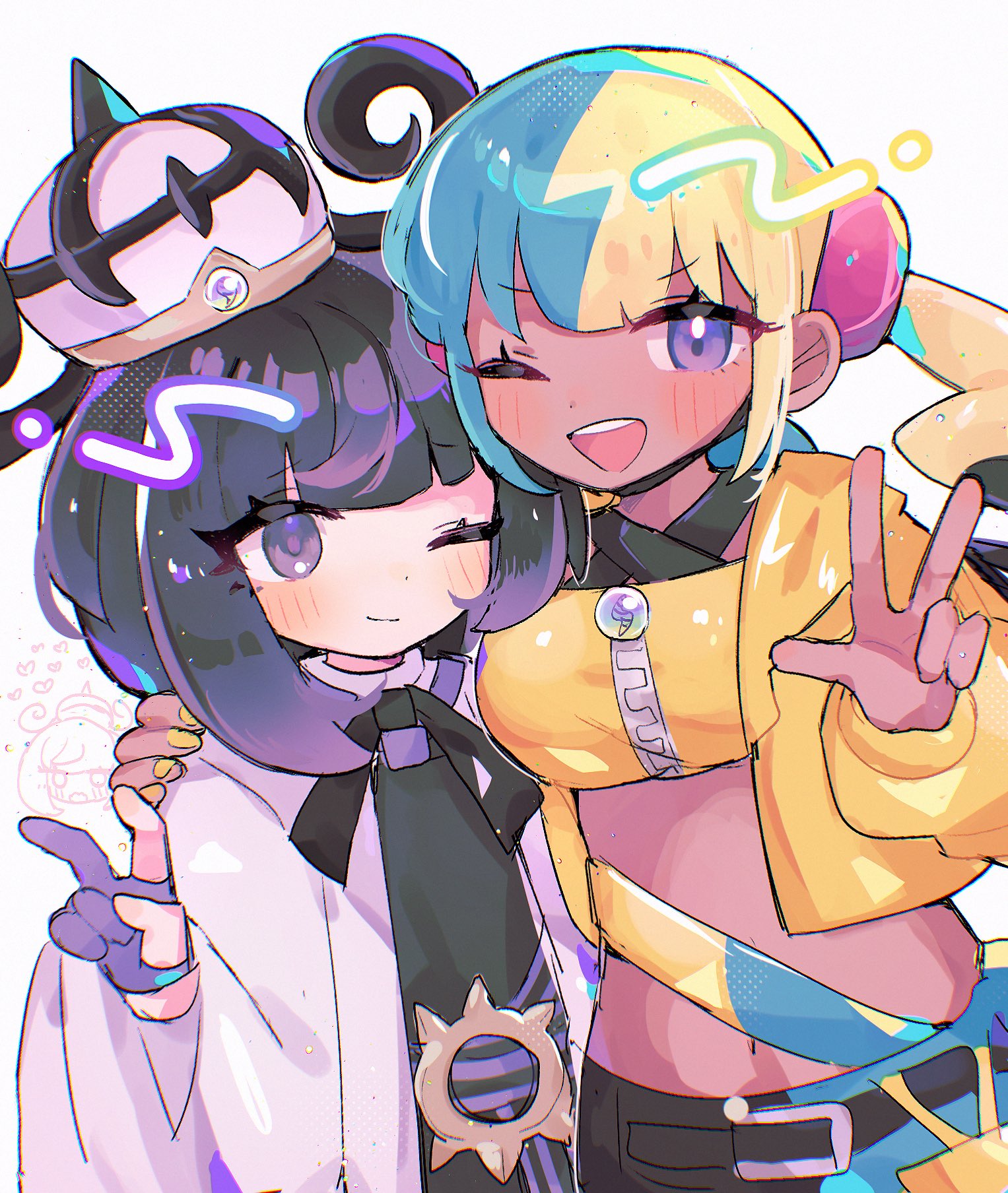 sushiuma m, canari (pokemon), gwynn (pokemon), nintendo, pokemon, pokemon legends: z-a, highres, 2girls, ;), ;d, arm around shoulder, belt, belt buckle, black dress, black hair, blonde hair, blue hair, blush, bob cut, buckle, closed mouth, coat, crop top, cropped jacket, dark-skinned female, dark skin, dress, gloves, gradient hair, hat, jacket, long sleeves, mega stone, multicolored hair, multiple girls, o-ring, o-ring belt, one eye closed, open clothes, open coat, open jacket, open mouth, partially fingerless gloves, purple eyes, purple gloves, purple hair, short hair, smile, split-color hair, teeth, two-tone hair, upper teeth only, v, w, white background, white coat, yuri