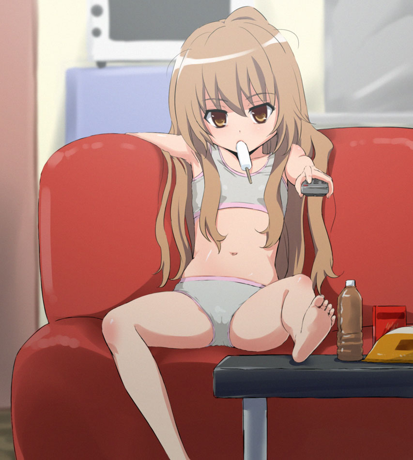 stella bottaculi, aisaka taiga, toradora!, 00s, 1girl, bad anatomy, bad feet, barefoot, bottle, controller, couch, feet, female focus, flat chest, food, mouth hold, panties, poorly drawn, popsicle, remote control, soles, solo, sports bra, spread legs, underwear, underwear only