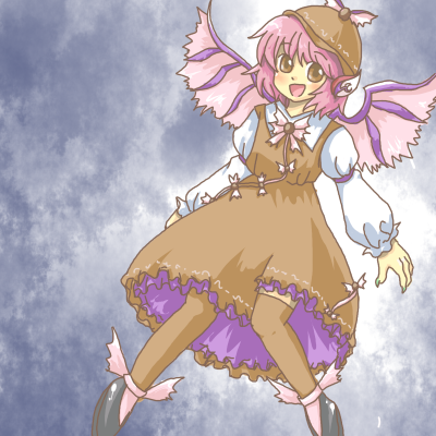 mont blanc (monburan1011), tosaka (artist), mystia lorelei, touhou, bad id, bad pixiv id, lowres, 1girl, animal ears, female focus, hat, purple hair, short hair, smile, solo, thighhighs, wings