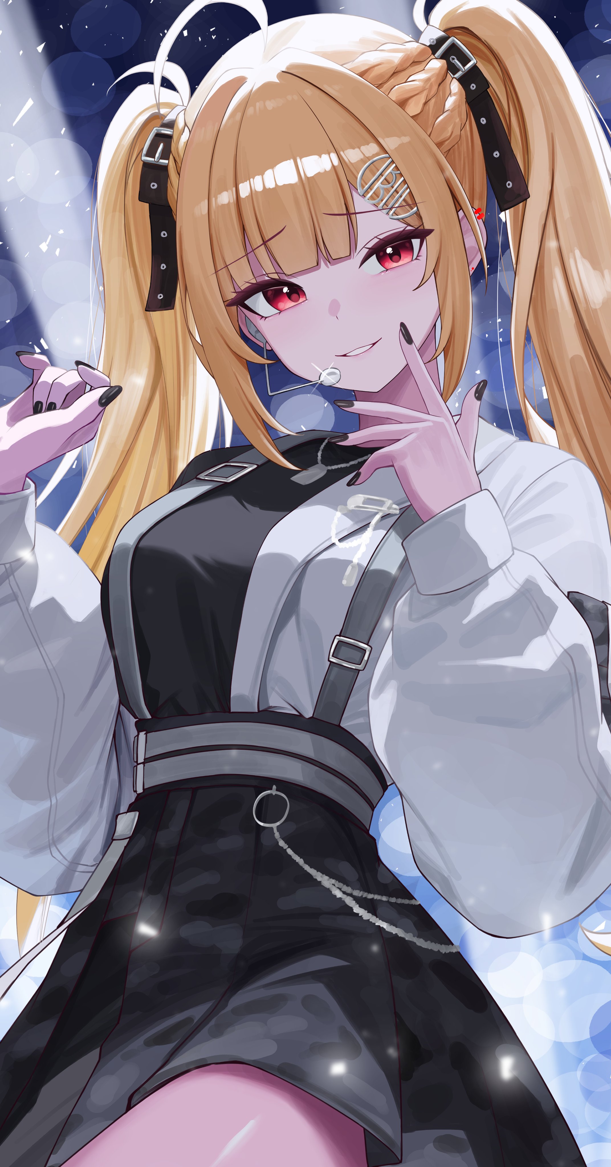 sei (0724sei6), jingburger, waktaverse, absurdres, commentary, highres, 1girl, ahoge, black nails, black skirt, blonde hair, cowboy shot, grin, hair belt, hair ornament, hairclip, hands up, high-waist skirt, long hair, long sleeves, looking at viewer, nail polish, pleated skirt, puffy long sleeves, puffy sleeves, red eyes, shirt, skirt, smile, solo, twintails, virtual youtuber, white shirt