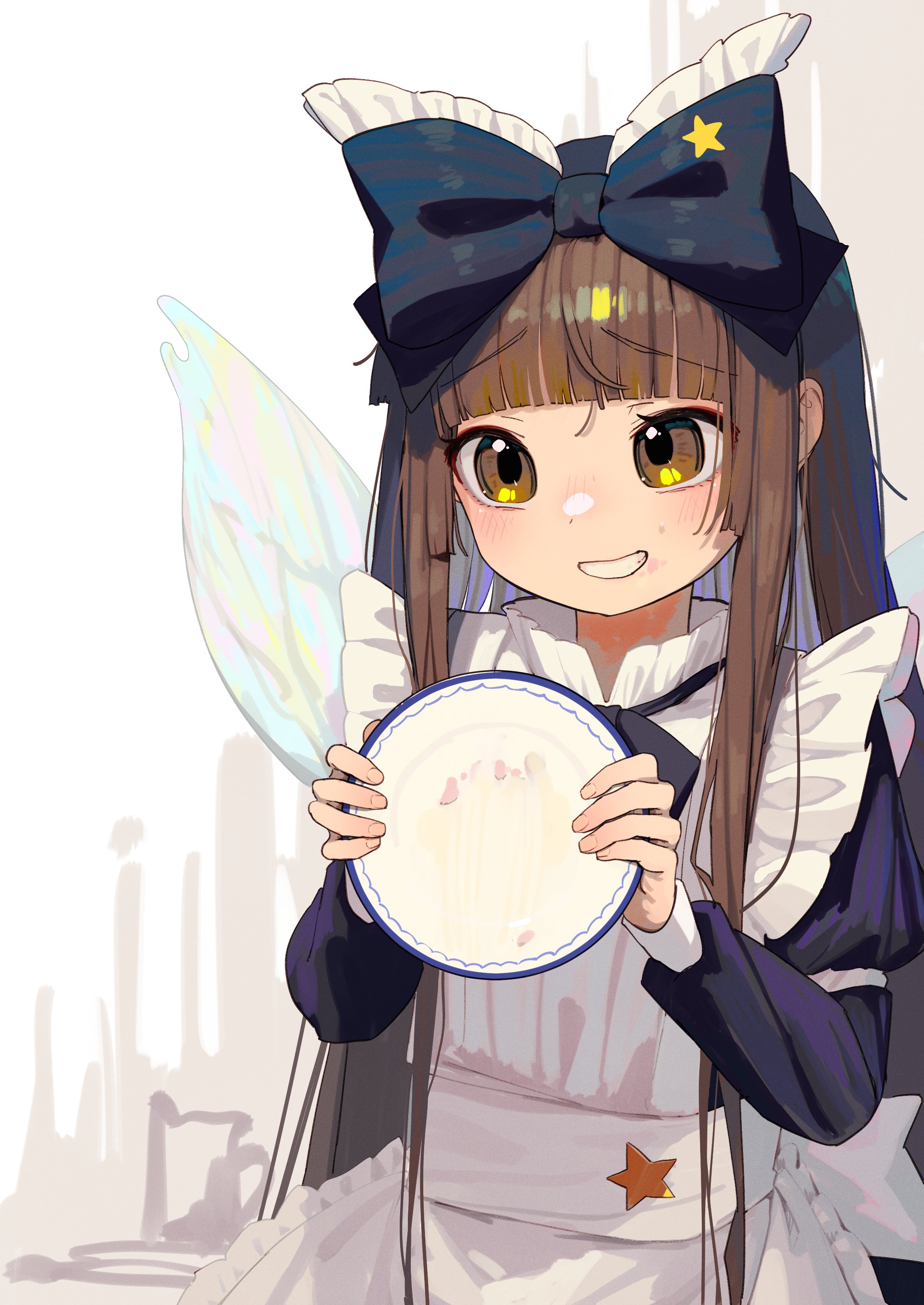 housulu, star sapphire, touhou, absurdres, highres, 1girl, apron, black bow, black hair, black shirt, blue bow, blue dress, blue headdress, blush, bow, brown eyes, brown hair, dress, drill hair, fairy, fairy wings, hair bow, hat, headdress, large bow, long hair, long sleeves, maid, maid apron, open mouth, plate, ribbon, shirt, simple background, skirt, solo, star (symbol), white apron, white background, white bow, wings