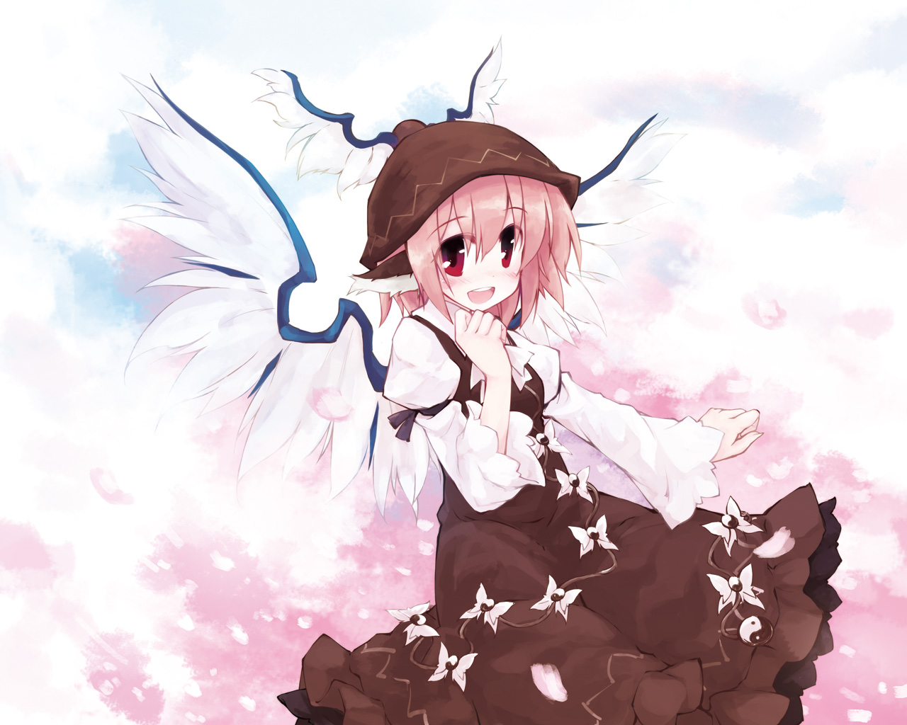 yukitarou (awamori), mystia lorelei, touhou, 1girl, bird wings, brown dress, brown hat, cherry blossoms, clenched hand, dress, female focus, frilled skirt, frills, hand on own chin, hat, long sleeves, looking at viewer, open mouth, petals, pink hair, purple hair, red eyes, short hair, skirt, smile, solo, white sleeves, winged hat, wings