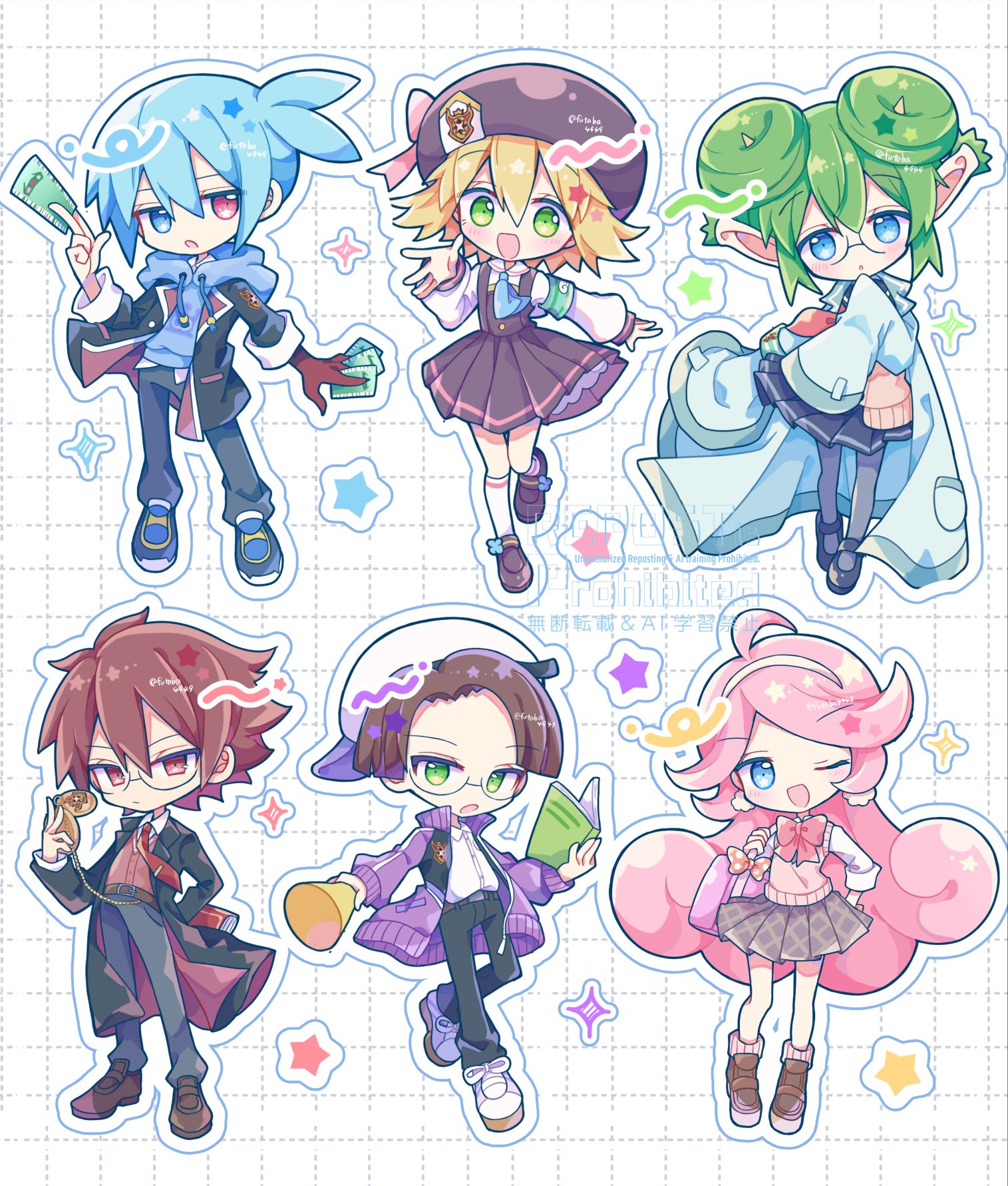 futaba969649, amitie (puyopuyo), klug (puyopuyo), lidelle (puyopuyo), raffina (puyopuyo), sig (puyopuyo), strange klug, puyopuyo, commentary request, highres, 3boys, 3girls, :d, :o, ;d, ahoge, black pants, black shoes, black skirt, blonde hair, blue eyes, blue hair, blue hoodie, blush, book, bow, bowtie, brown hair, brown shoes, brown skirt, brown sweater, card, cardigan, closed mouth, donut hair bun, double-parted bangs, double bun, drawstring, forehead, full body, glasses, gloves, green eyes, green hair, grey pantyhose, grid background, hair between eyes, hair bun, hairband, hand up, hat, heterochromia, holding, holding book, holding card, hood, hood down, hoodie, kneehighs, lab coat, long hair, long sleeves, looking at viewer, multiple boys, multiple girls, neckerchief, necktie, one eye closed, open cardigan, open clothes, open mouth, orange bow, outline, pants, pantyhose, parted bangs, parted lips, pink hair, pink socks, pink sweater vest, pleated skirt, pointy ears, polka dot, polka dot bow, purple cardigan, red bow, red bowtie, red eyes, red gloves, red neckerchief, red necktie, ribbed socks, sailor collar, shirt, shoes, short hair, single glove, skirt, sleeves past fingers, sleeves past wrists, smile, socks, sparkle, standing, star (symbol), sweater, sweater vest, watermark, white background, white hairband, white hat, white outline, white sailor collar, white shirt, white shoes, white socks