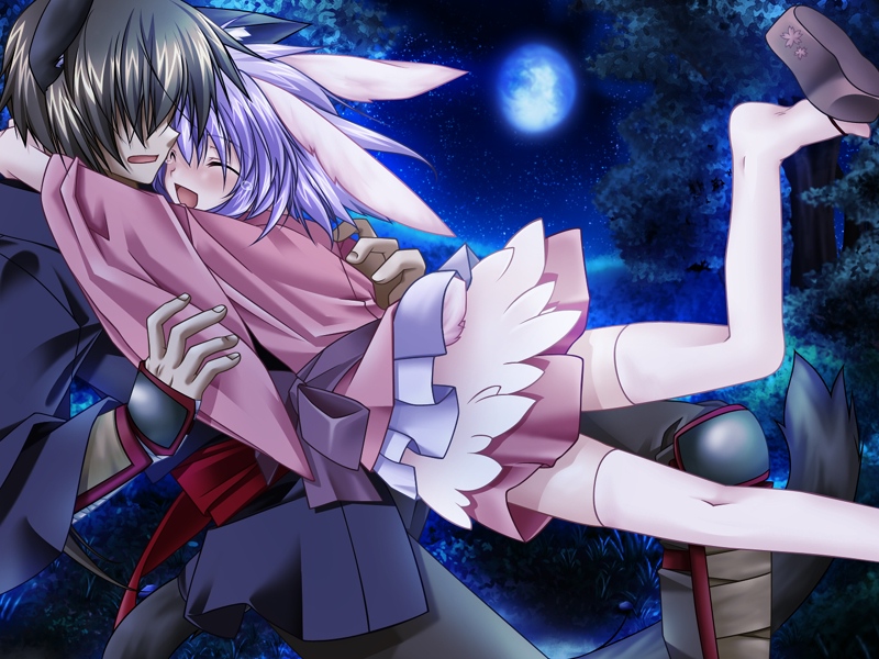 minazuki haruka, setsuna (relict2), relict2, game cg, 1boy, 1girl, animal ears, glomp, hetero, hug, tears, thighhighs