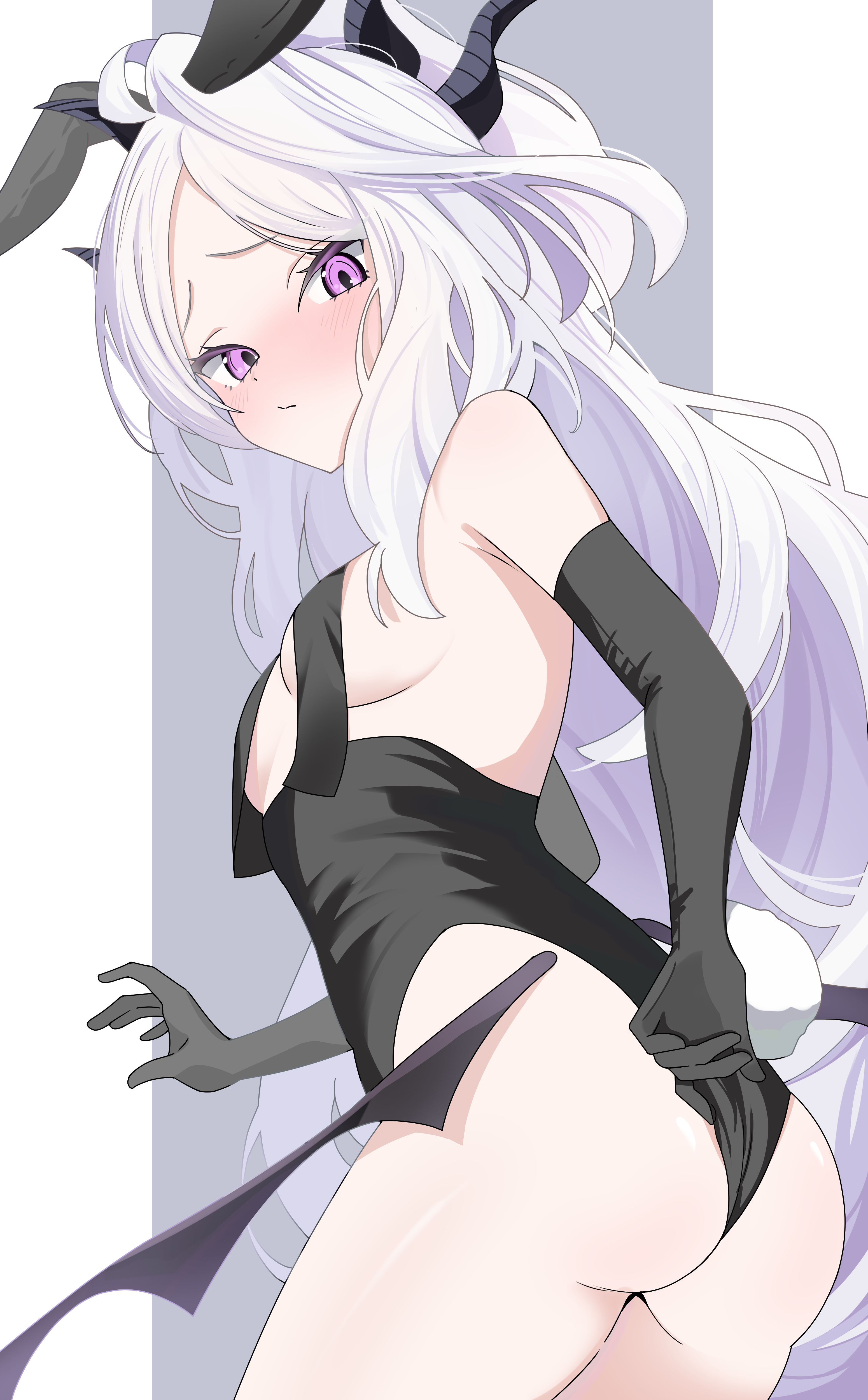 kanimiso30601, hina (blue archive), blue archive, absurdres, highres, 1girl, ahoge, animal ears, ass, breasts, demon girl, demon horns, demon wings, horns, long hair, looking at viewer, low wings, purple eyes, rabbit ears, small breasts, solo, very long hair, white hair, wings