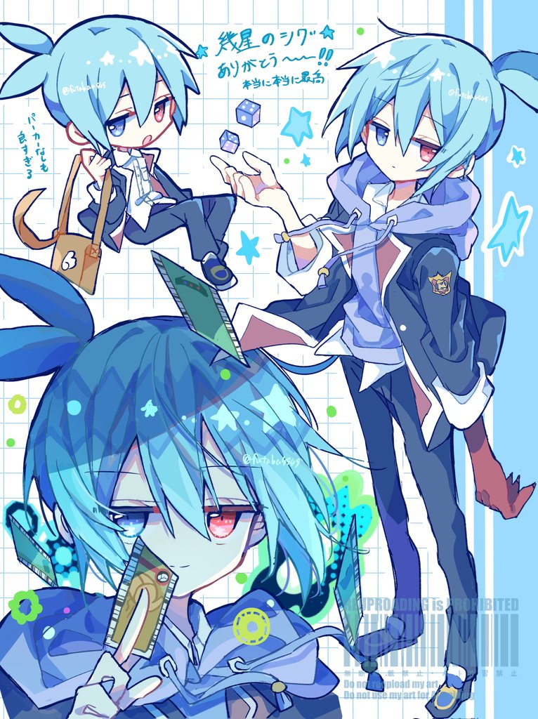 futaba969649, sig (puyopuyo), puyopuyo, commentary request, translation request, 1boy, :o, black jacket, black pants, black shoes, blue eyes, blue hair, chibi, closed mouth, dice, double-parted bangs, drawstring, full body, hair between eyes, hand up, heterochromia, hood, hood down, hoodie, jacket, long sleeves, looking at viewer, male focus, multiple views, open clothes, open jacket, open mouth, pants, purple hoodie, red eyes, shoes, short hair, smile, standing, star (symbol), white background