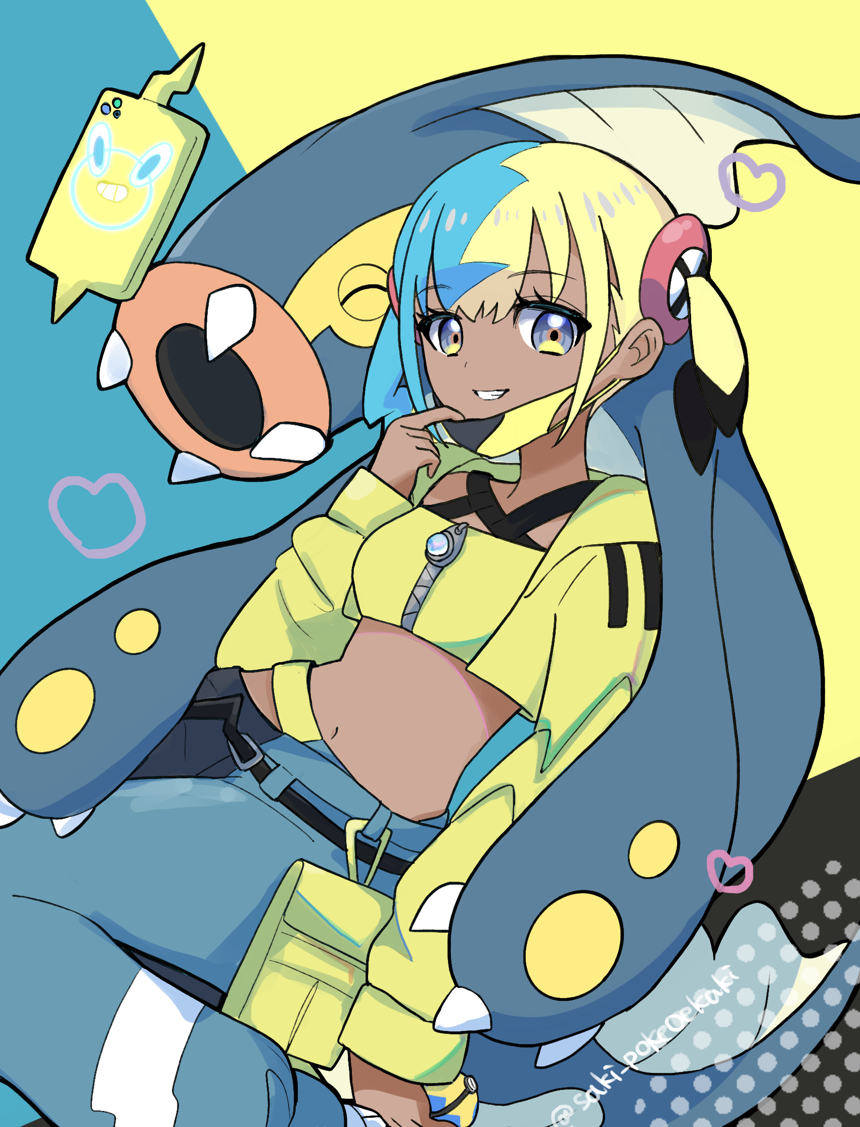 saki pokeoekaki, canari (pokemon), eelektross, rotom, rotom phone, nintendo, pokemon, pokemon legends: z-a, commentary request, highres, 1girl, aqua hair, bandeau, black mask, black pants, blonde hair, blue eyes, blue pants, breasts, center-flap bangs, closed eyes, criss-cross halter, criss-cross straps, gen 4 pokemon, gen 5 pokemon, halterneck, heart, jacket, looking at viewer, mask, mask pull, mega stone, mouth mask, multicolored hair, navel, open mouth, pants, pokemon (creature), short twintails, smile, split-color hair, teeth, twintails, two-tone hair, two-tone mask, two-tone pants, yellow bandeau, yellow jacket, yellow mask