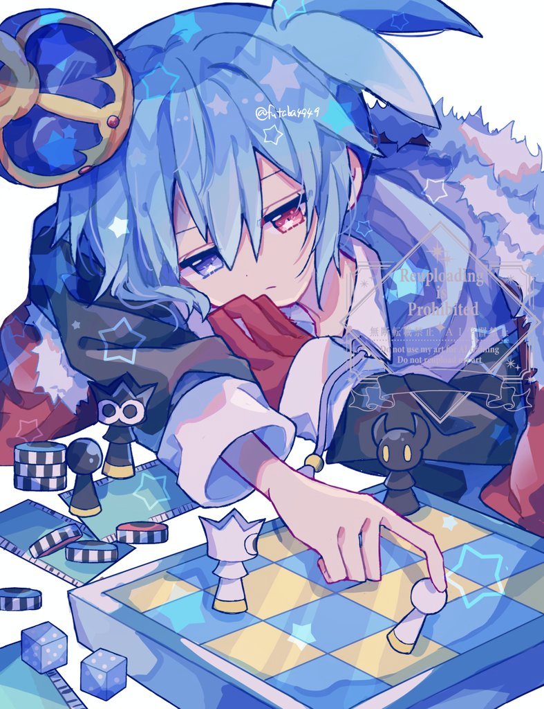 futaba969649, sig (puyopuyo), puyopuyo, commentary request, 1boy, black jacket, blue eyes, blue hair, board game, chess, chess piece, closed mouth, crown, double-parted bangs, gloves, hair between eyes, heterochromia, jacket, long sleeves, male focus, red eyes, red gloves, short hair, simple background, single glove, solo, twitter username, upper body, white background