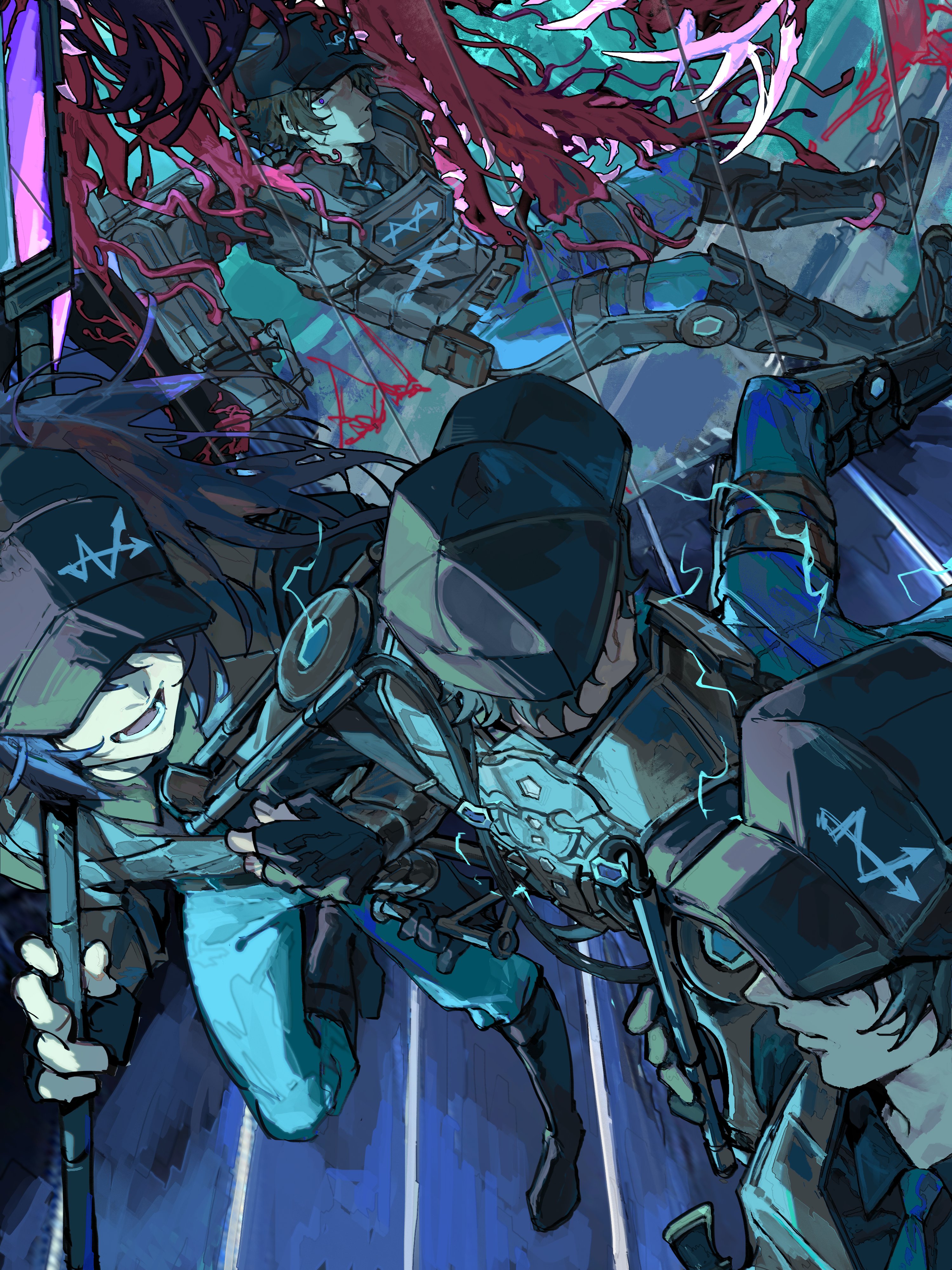 baihuahua5441, heathcliff (project moon), hong lu (project moon), yi sang (project moon), limbus company, project moon, absurdres, highres, 3boys, baseball cap, black gloves, black hair, black pants, black shirt, black vest, blood, blue necktie, brown hair, collared shirt, different reflection, dimension shredder (e.g.o), e.g.o (project moon), electricity, energy weapon, gauntlets, glaive (polearm), gloves, hat, holding, long sleeves, male focus, monster, multiple boys, necktie, pants, polearm, reflection, reflective surface, shirt, short hair, vest, w corp. (identity) (project moon), wayward passenger, weapon