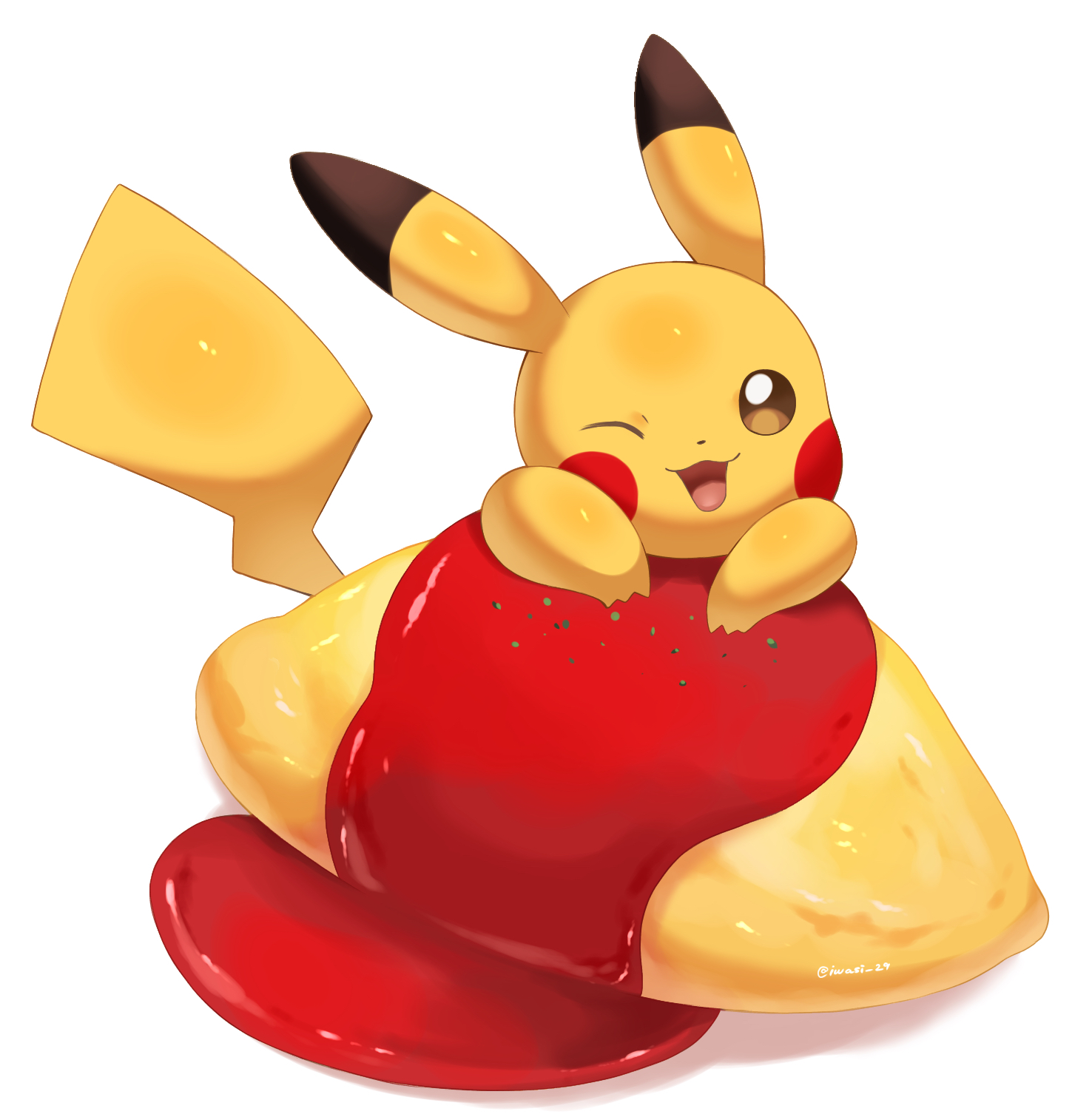 iwasi 29, pikachu, nintendo, pokemon, commentary request, highres, ;3, ;d, brown eyes, food, gen 1 pokemon, ketchup, no humans, omelet, omurice, one eye closed, open mouth, pokemon (creature), pokemon focus, simple background, smile, solo, white background