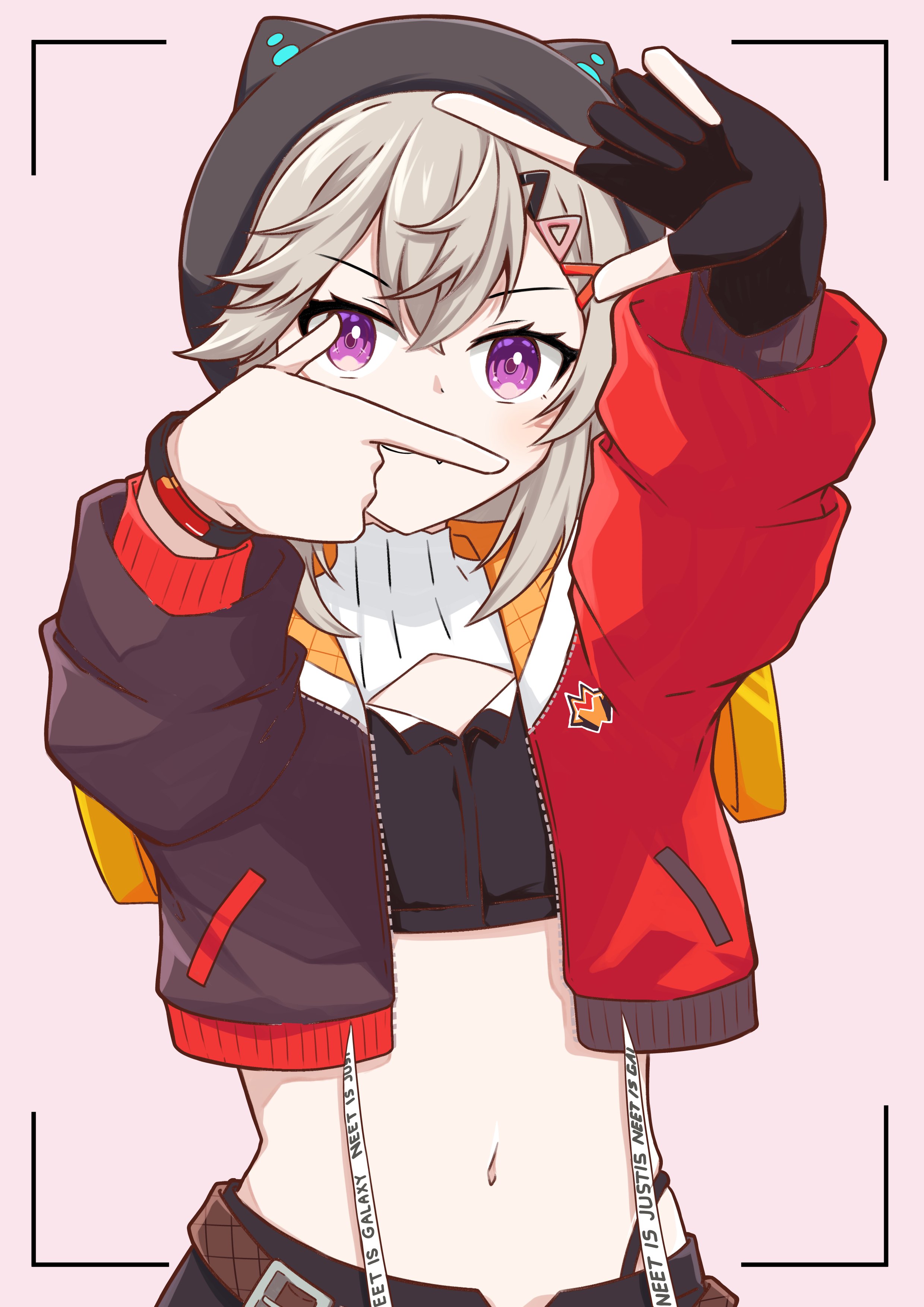 suika (suica icesoda), komori met, komori met (5th costume), vspo!, absurdres, commentary, highres, 1girl, animal hat, belt, black gloves, black hat, blonde hair, brown belt, cat hat, cropped jacket, fingerless gloves, gloves, hair ornament, hairclip, hat, jacket, navel, open clothes, open jacket, purple eyes, solo, virtual youtuber