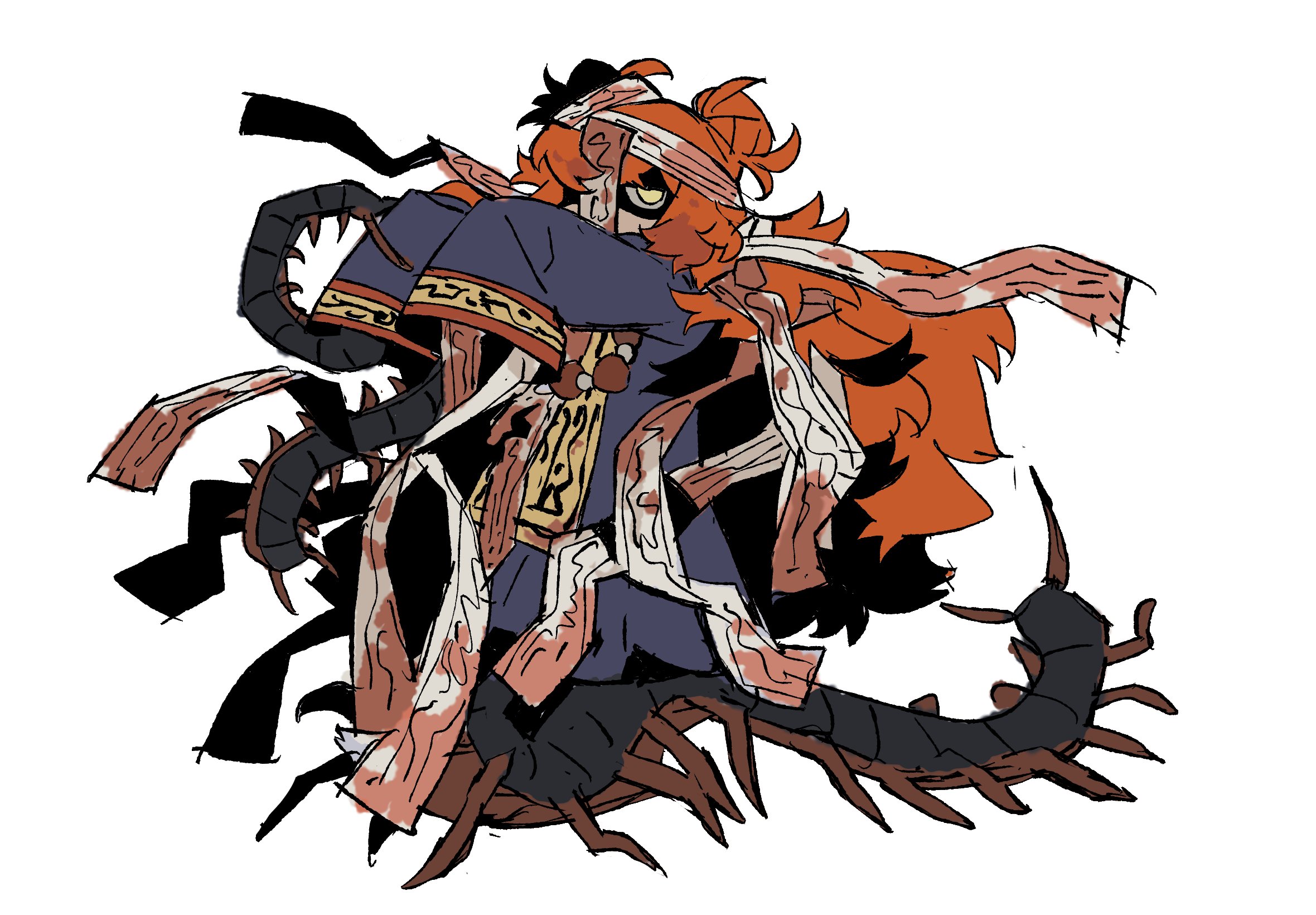 ishmael (project moon), limbus company, project moon, chinese commentary, commentary request, highres, 1girl, arthropod girl, bandaged head, bandages, blue robe, centipede girl, chinese clothes, double bun, e.g.o (project moon), hair bun, hundred-footed death maggot (e.g.o), jiangshi, kgdjeisk, long hair, ofuda, orange hair, outstretched arms, robe, sidelocks, simple background, sleeves past fingers, sleeves past wrists, solo, very long hair, white background, yellow eyes, zombie pose