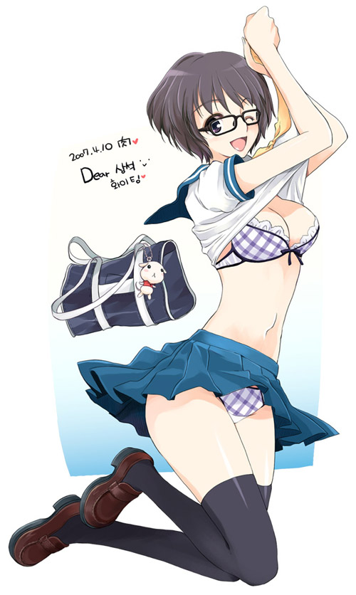 mirk, nagato yuki, suzumiya haruhi no yuuutsu, 00s, 1girl, bag, bra, breasts, cleavage, clothes lift, female focus, glasses, legs, lingerie, one eye closed, panties, pantyshot, plaid bra, plaid clothes, plaid panties, school uniform, shirt lift, short hair, skirt, solo, thighhighs, underwear, upskirt, wink, zettai ryouiki