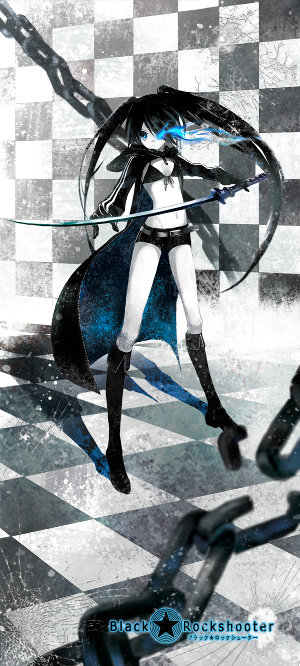 cocoon (loveririn), black rock shooter (character), hatsune miku, black rock shooter, vocaloid, bad id, bad pixiv id, highres, 10s, 1girl, black hair, boots, chain, female focus, long hair, monochrome, solo, spot color, swimsuit, sword, twintails, uneven twintails, weapon