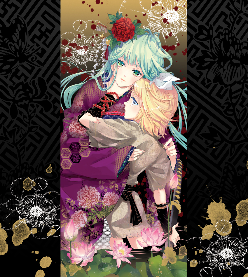 cocoon (loveririn), hatsune miku, kagamine rin, vocaloid, bad id, bad pixiv id, 2girls, blonde hair, blue eyes, flower, green eyes, green hair, japanese clothes, multiple girls, petals, tears, torn clothes, yuri