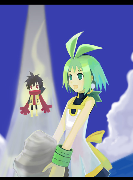 ash (phantom brave), marona (phantom brave), phantom, phantom brave, 1boy, 1girl, :d, blue eyes, blush, green hair, letterboxed, looking afar, looking at viewer, open mouth, personification, red scarf, scarf, shoes, smile, spotlight, standing