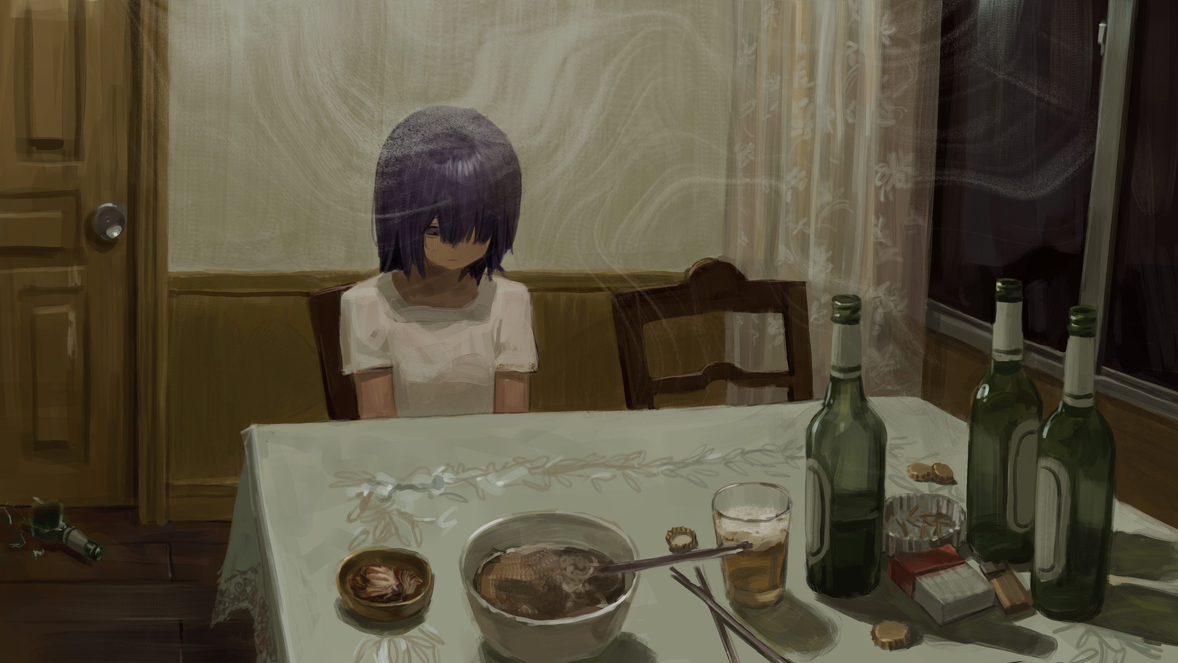 an yb, original, absurdres, commentary, highres, 1girl, alcohol, ashtray, bags under eyes, beer, beer bottle, bottle, bottle cap, bowl, breasts, broken bottle, chair, chopsticks, cigarette butt, cigarette pack, closed mouth, cup, curtains, door, drinking glass, grey eyes, hair over one eye, indoors, lighter, long hair, looking down, on chair, purple hair, shirt, short sleeves, sitting, small breasts, solo, t-shirt, table, tablecloth, white shirt, window, wooden floor