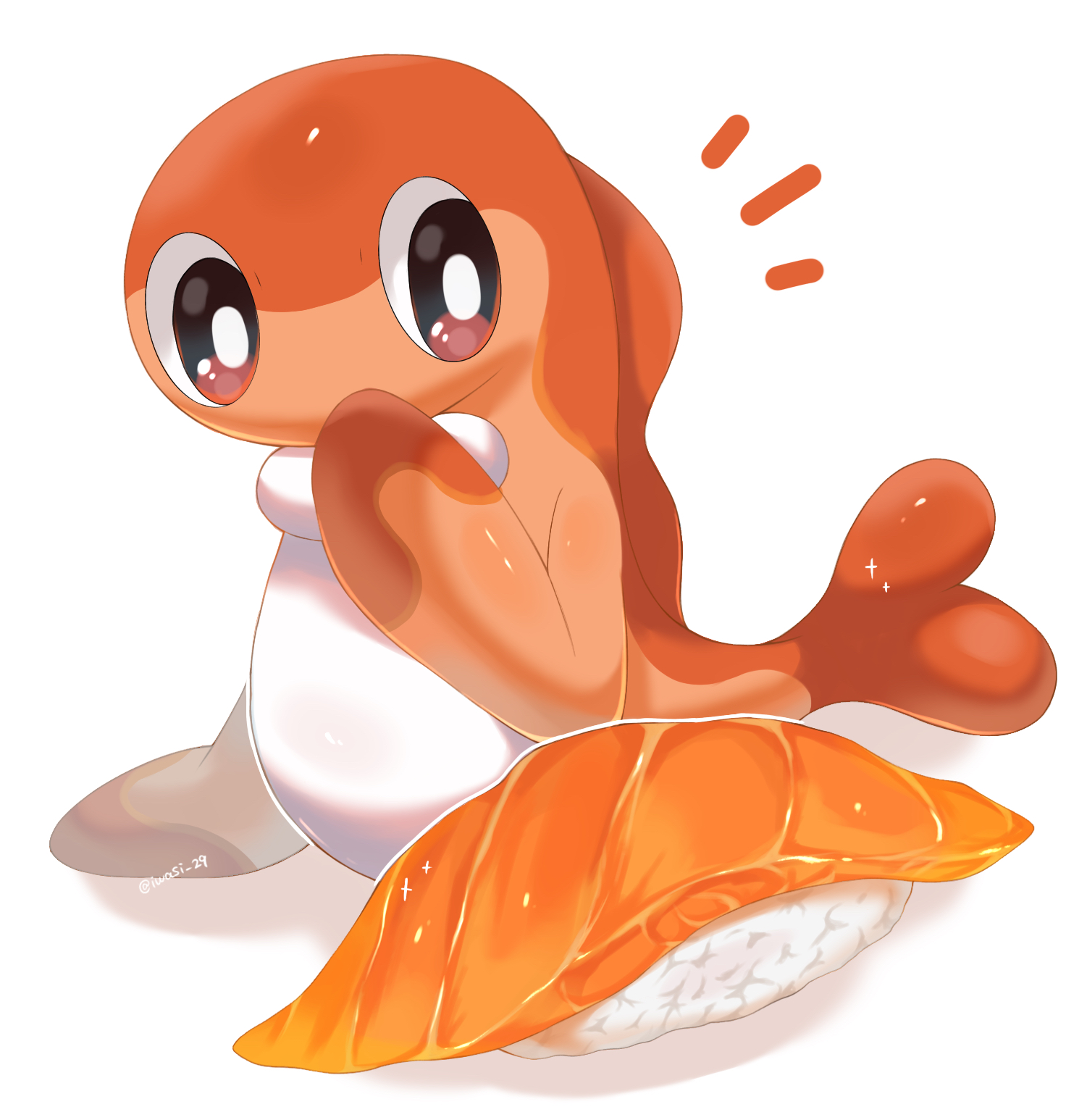 iwasi 29, tatsugiri, tatsugiri (curly), nintendo, pokemon, commentary request, highres, animal focus, artist name, black eyes, fish, food, food-themed creature, forked tail, no humans, notice lines, pokemon (creature), rice, salmon, simple background, sushi, tail, twitter username, white background