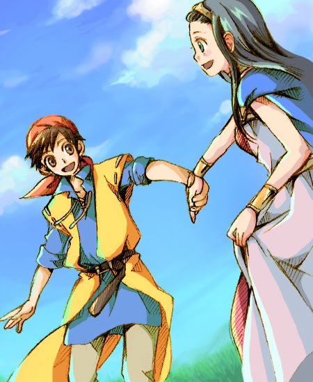 shibaichi, hero (dq8), medea (dq8), dragon quest, dragon quest viii, square enix, bad id, bad pixiv id, 1boy, 1girl, black hair, cloud, couple, day, field, happy, hetero, holding hands, outdoors, sky