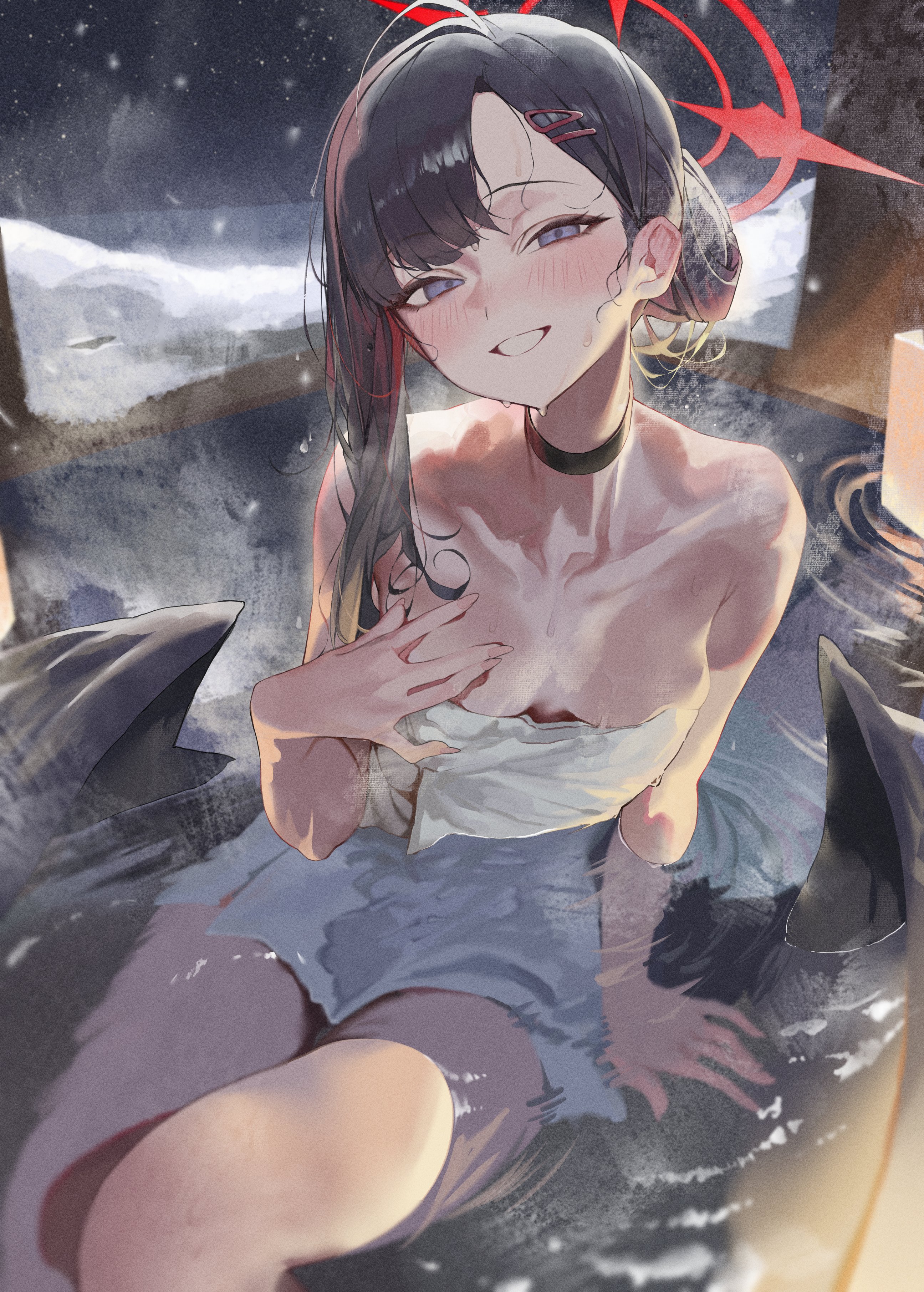 pepq, ichika (blue archive), blue archive, absurdres, highres, 1girl, black hair, black wings, blush, breasts, choker, collarbone, feathered wings, grin, hair bun, hair ornament, hair up, hairclip, halo, hand on own chest, long hair, looking at viewer, low wings, medium breasts, naked towel, onsen, partially submerged, purple eyes, red halo, smile, snow, solo, steam, thighs, towel, unusually open eyes, wet, wings