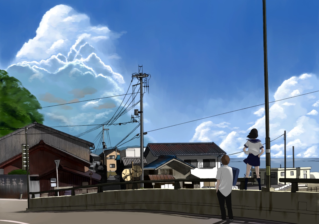 shiira, bad id, bad pixiv id, 1boy, 1girl, black hair, cloud, day, house, ocean, power lines, road, school uniform, serafuku, short hair, skirt, sky, skyline, street, wind