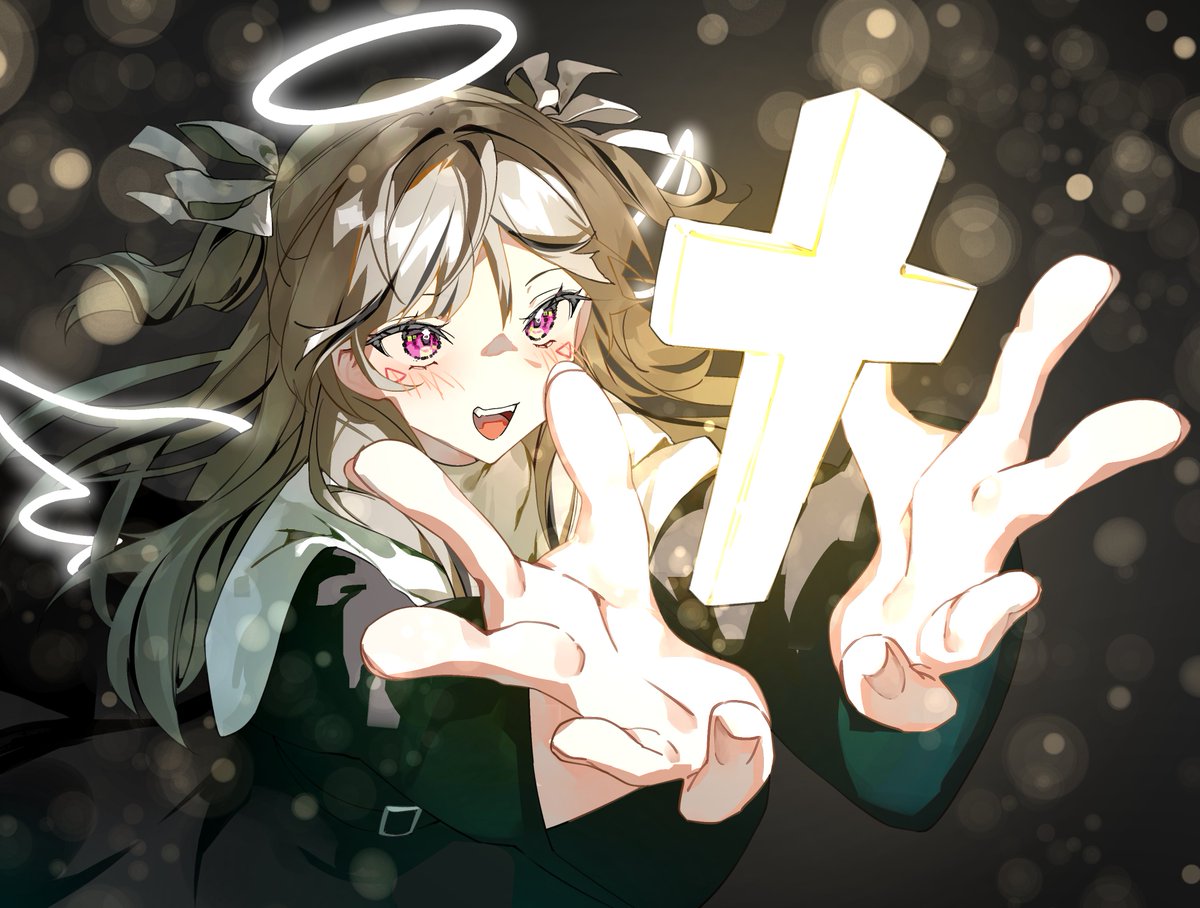 amopui, komori met, vspo!, hashtag-only commentary, 1girl, blonde hair, cross, facial mark, halo, long hair, long sleeves, open mouth, purple eyes, solo, teeth, upper teeth only, virtual youtuber, wings