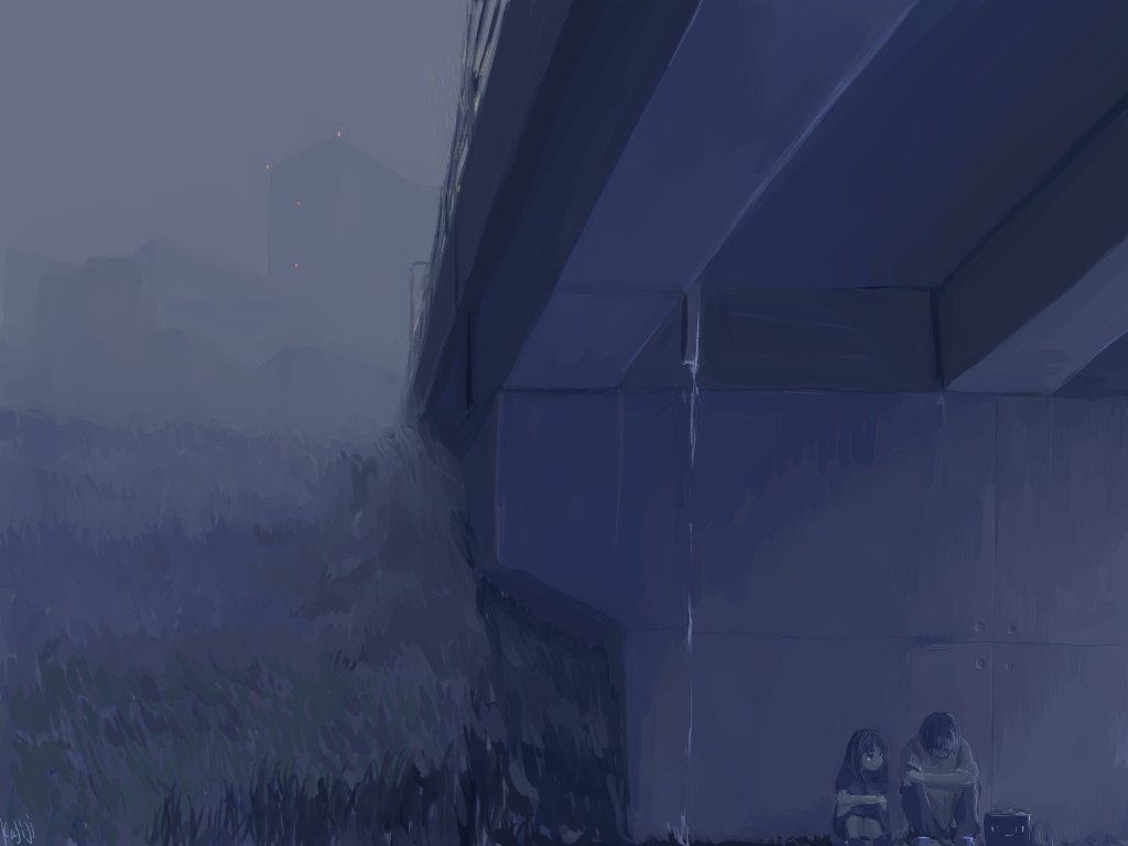 non-web source, 1boy, 1girl, bag, bridge, dark, fog, grass, long hair, school bag, sitting