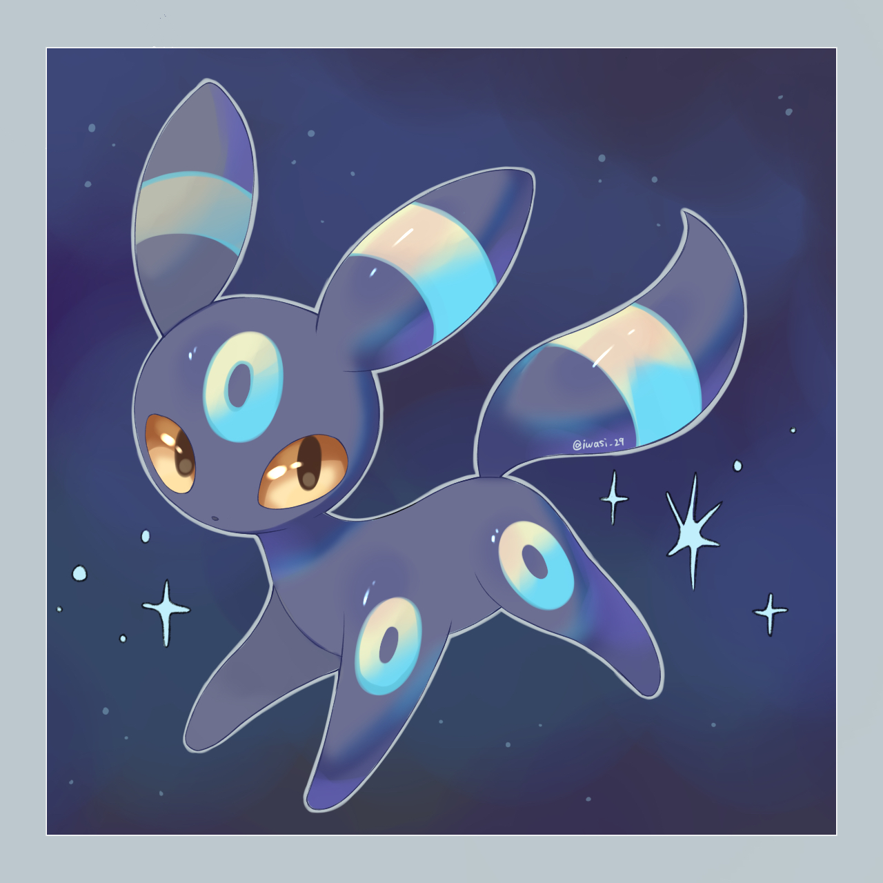 iwasi 29, umbreon, nintendo, pokemon, commentary request, highres, border, full body, gen 2 pokemon, grey border, no humans, pokemon (creature), pokemon focus, solo, star (sky), starry sky background, twitter username, yellow eyes