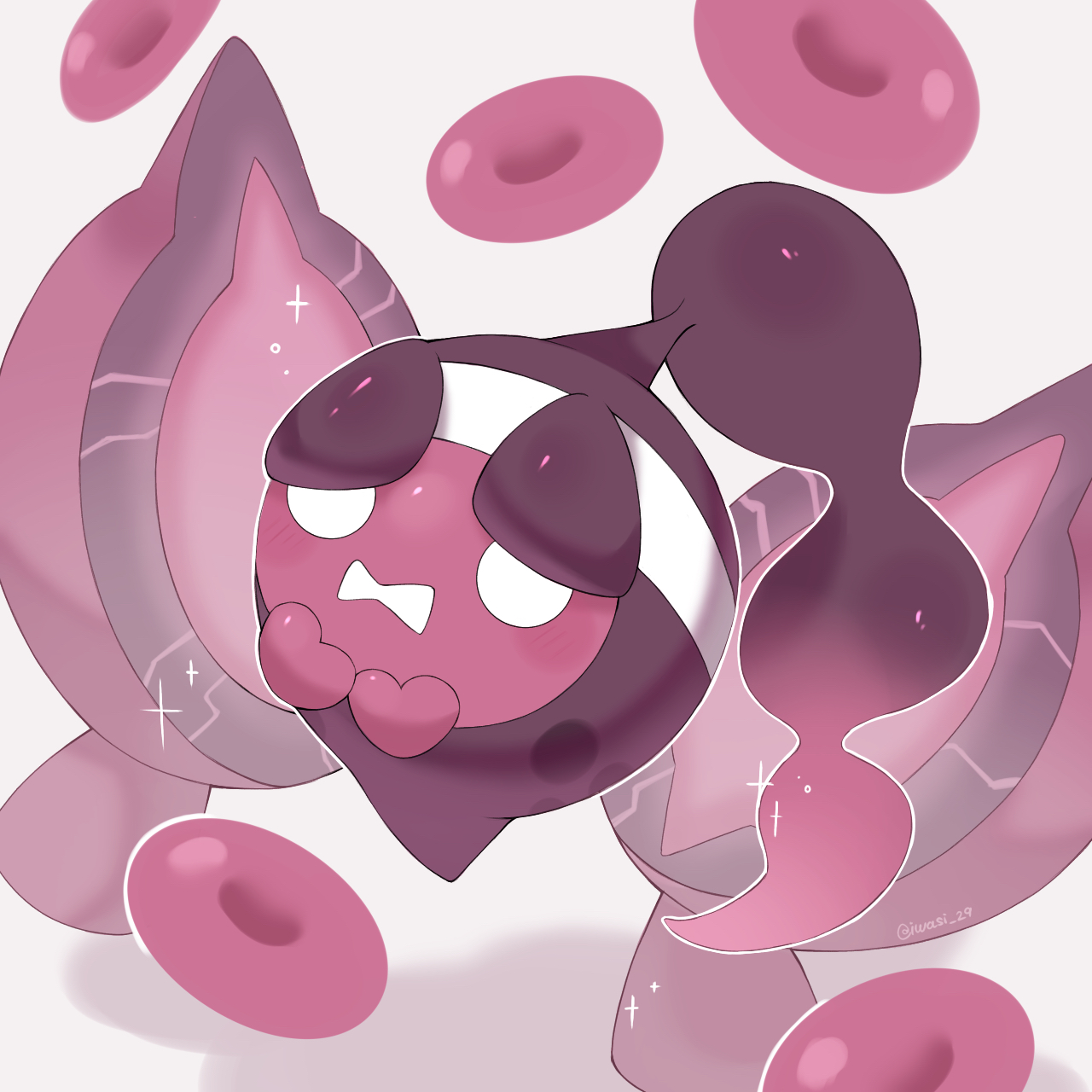iwasi 29, pecharunt, nintendo, pokemon, commentary request, highres, artist name, detached wings, food, frown, mochi, no humans, pokemon (creature), simple background, sparkle, twitter username, white background, white eyes, wings