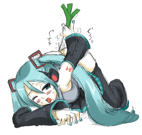 hatsune miku, vocaloid, lowres, tagme, dildo, food, food insertion, masturbation, object insertion, spring onion, twintails