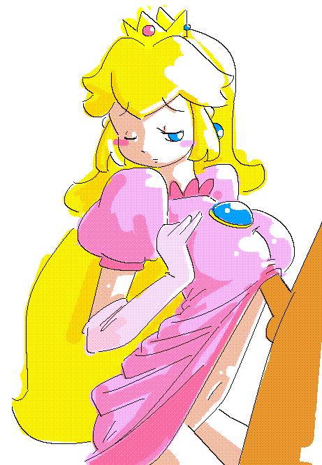 minuspal, princess peach, mario (series), nintendo, super mario bros. 1, 1boy, 1girl, blonde hair, blue eyes, blush, bottomless, breasts, clothed female nude male, clothes lift, crown, dress, dress lift, earrings, elbow gloves, gloves, hetero, jewelry, large breasts, long hair, navel, no panties, nude, oekaki, one eye closed, paizuri, paizuri under clothes, penis, uncensored, white background, wink