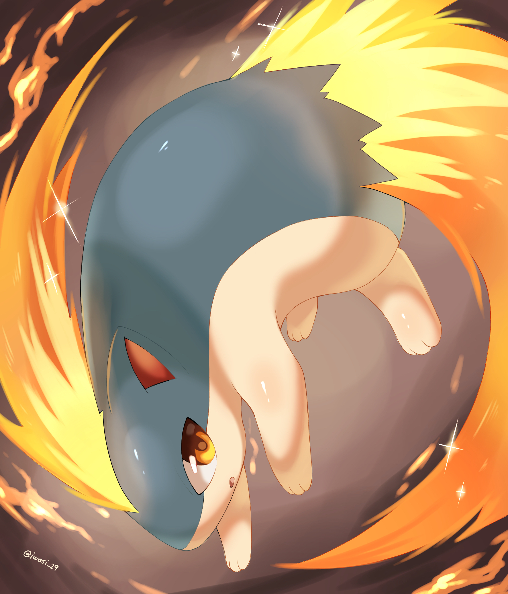 iwasi 29, nintendo, pokemon, character request, commentary request, highres, brown background, fire, full body, no humans, open mouth, orange eyes, pokemon (creature), pokemon focus, solo, twitter username