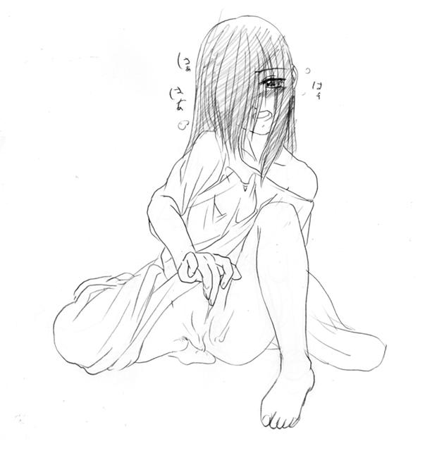 yamamura sadako, the ring, tagme, barefoot, black hair, masturbation, monochrome, simple background