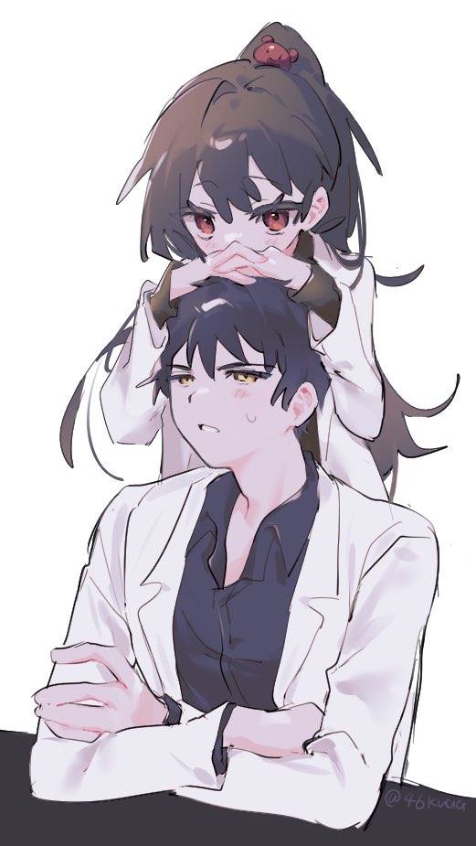 shirol, ayin (project moon), carmen (project moon), lobotomy corporation, project moon, 1boy, 1girl, black hair, black shirt, chin rest, coat, collared shirt, crossed arms, hands on another's head, head on head, head rest, lab coat, parted lips, shirt, simple background, smile, sweat, white background, white coat, yellow eyes