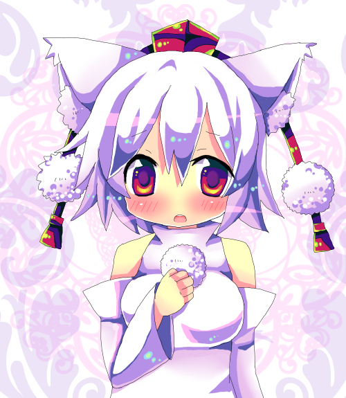 chocolat (momoiro piano), inubashiri momiji, touhou, bad id, bad pixiv id, 1girl, animal ears, detached sleeves, female focus, hat, red eyes, short hair, solo, tokin hat, upper body, white hair, wolf ears