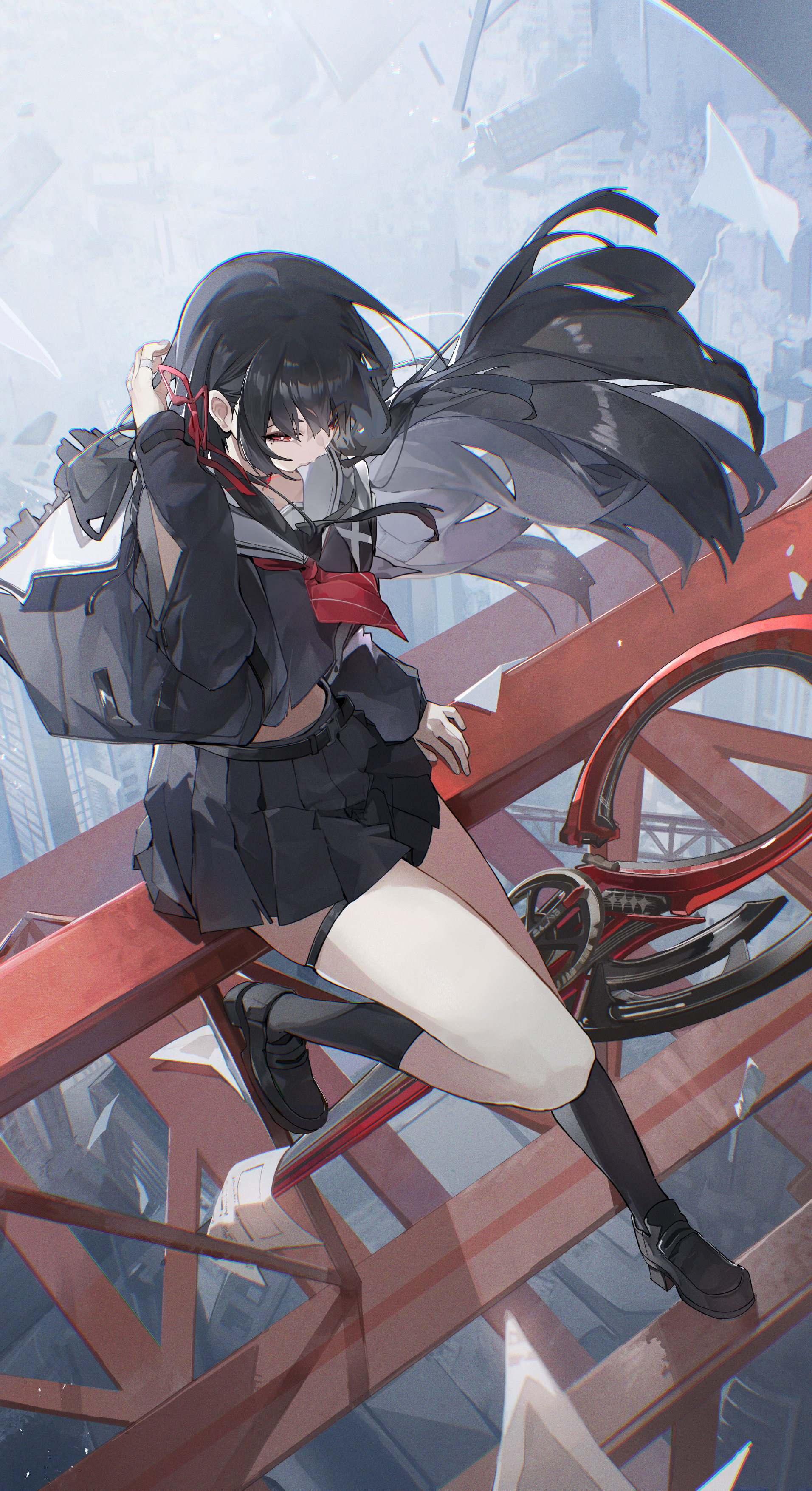 megu (jim48834420), chisa (wuthering waves), wuthering waves, absurdres, commentary, highres, 1girl, black hair, black serafuku, black shirt, black skirt, black socks, crane (machine), crop top, detached sleeves, hair ribbon, hand up, high up, loafers, long hair, long sleeves, mole, mole under eye, neckerchief, paper, red eyes, red neckerchief, red ribbon, ribbon, sailor collar, school uniform, serafuku, shirt, shoes, sitting, skirt, socks, solo, sword, thigh strap, weapon, white sailor collar, wind