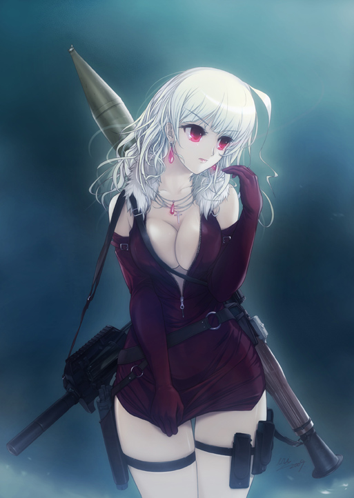 eri (artist), stardust, chronicle 2nd, elysion, sound horizon, 1girl, breasts, cleavage, covering crotch, covering privates, earrings, elbow gloves, female focus, gloves, gun, high-explosive anti-tank (warhead), jewelry, large breasts, long hair, man-portable anti-tank systems, necklace, red eyes, rocket-propelled grenade, rocket (projectile), rocket launcher, rpg, rpg-7, rpg (weapon), skirt, skirt tug, solo, suppressor, thigh strap, unzipped, weapon, white hair