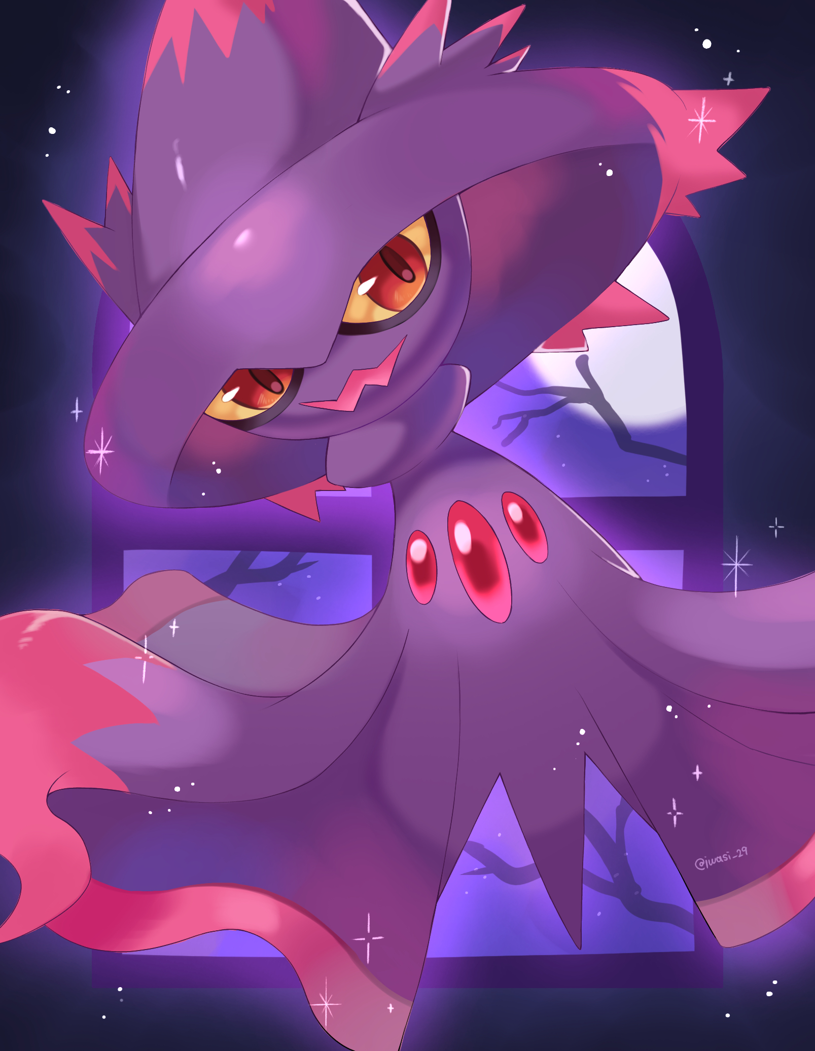 iwasi 29, mismagius, nintendo, pokemon, commentary request, highres, artist name, branch, chest jewel, colored sclera, floating, full moon, gen 4 pokemon, indoors, moon, no humans, open mouth, pokemon (creature), purple sky, red eyes, sky, sparkle, twitter username, wavy mouth, yellow sclera