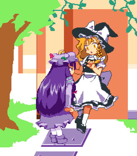 8bit, hachi (8bit canvas), kirisame marisa, patchouli knowledge, touhou, bad id, bad pixiv id, 2girls, angry, blonde hair, braid, female focus, hat, long hair, multiple girls, pixel art, purple eyes, purple hair, surprised, witch, witch hat, yellow eyes