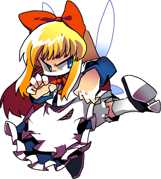 8bit, hachi (8bit canvas), shanghai doll, touhou, bad id, bad pixiv id, 1girl, blonde hair, blue eyes, bow, female focus, fighting stance, flying kick, hair bow, kicking, solo, transparent background, wings