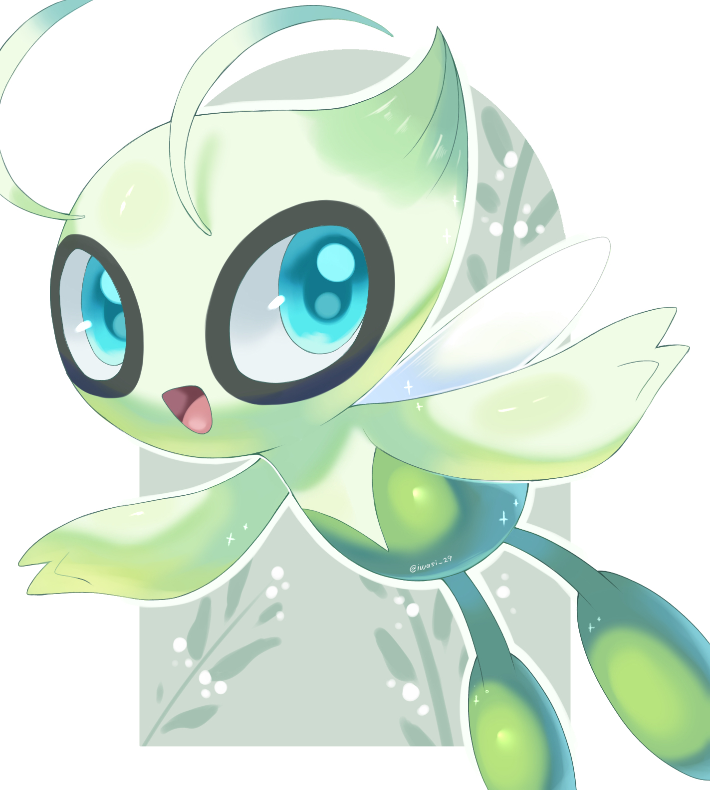 iwasi 29, celebi, nintendo, pokemon, commentary request, highres, 1other, :d, artist name, blue eyes, border, colored skin, fairy wings, floral background, gen 2 pokemon, green background, green skin, legendary pokemon, mythical pokemon, open mouth, other focus, outside border, pokemon (creature), smile, solo, sparkle, twitter username, white border, wings