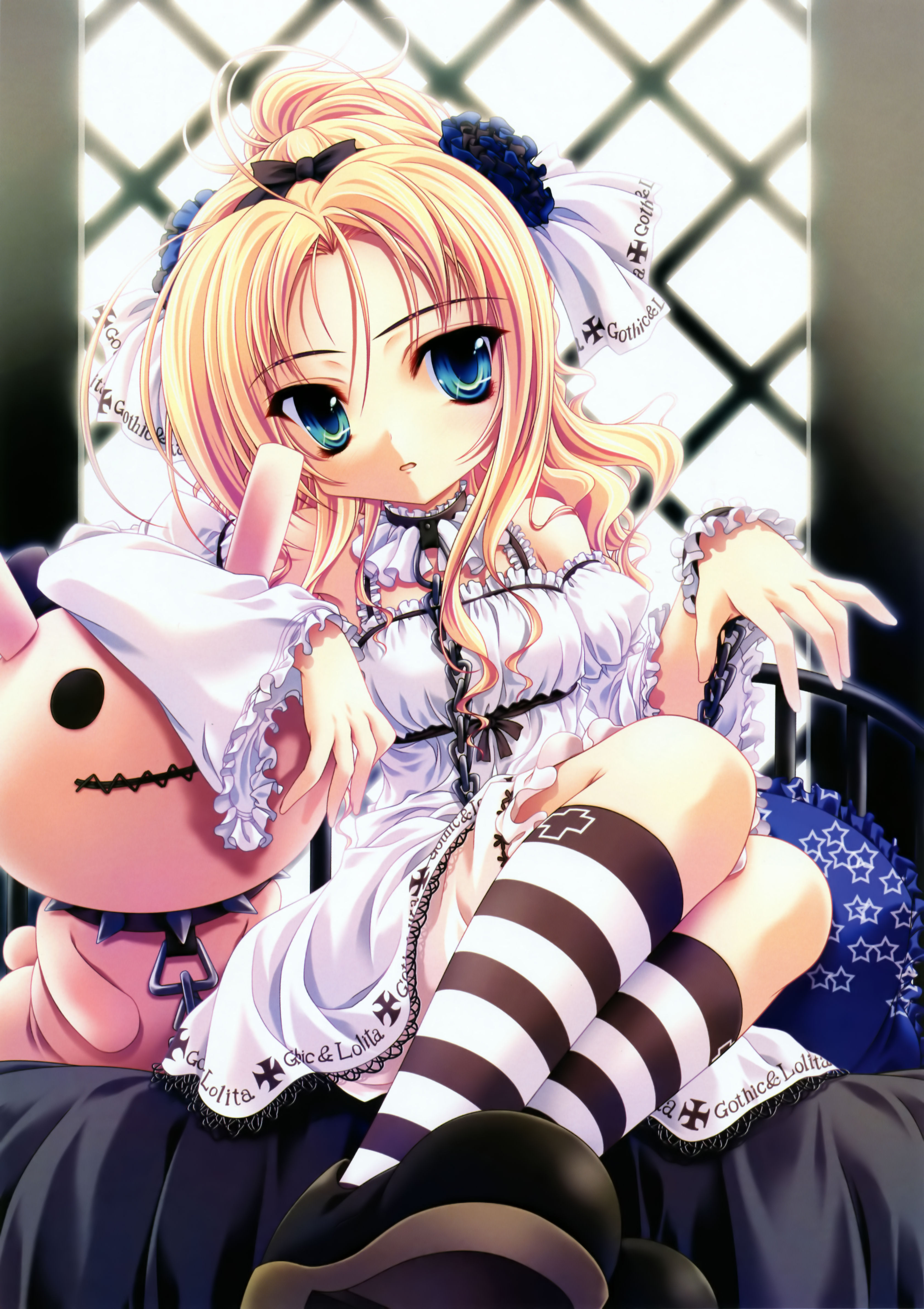 miyama-zero, absurdres, highres, blonde hair, blue eyes, dress, gothic lolita, kneehighs, lolita fashion, mary janes, shoes, socks, solo, striped clothes, striped socks, stuffed animal, stuffed toy