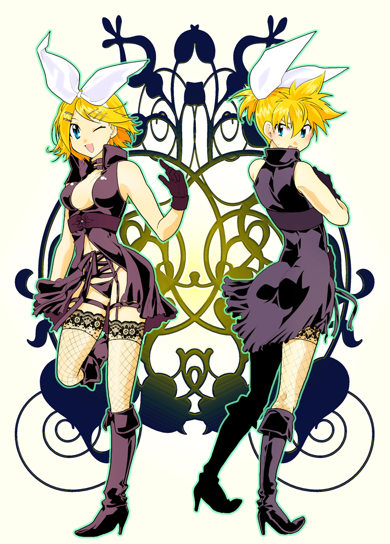 kondoru, kagamine len, kagamine rin, vocaloid, 1boy, 1girl, bare shoulders, blonde hair, blue eyes, boots, breasts, brother and sister, cleavage, crossdressing, dress, fishnets, garter belt, gloves, hair ornament, hairclip, legs, navel, one eye closed, open mouth, panties, ribbon, siblings, thighhighs, trap, twins, underwear, wink