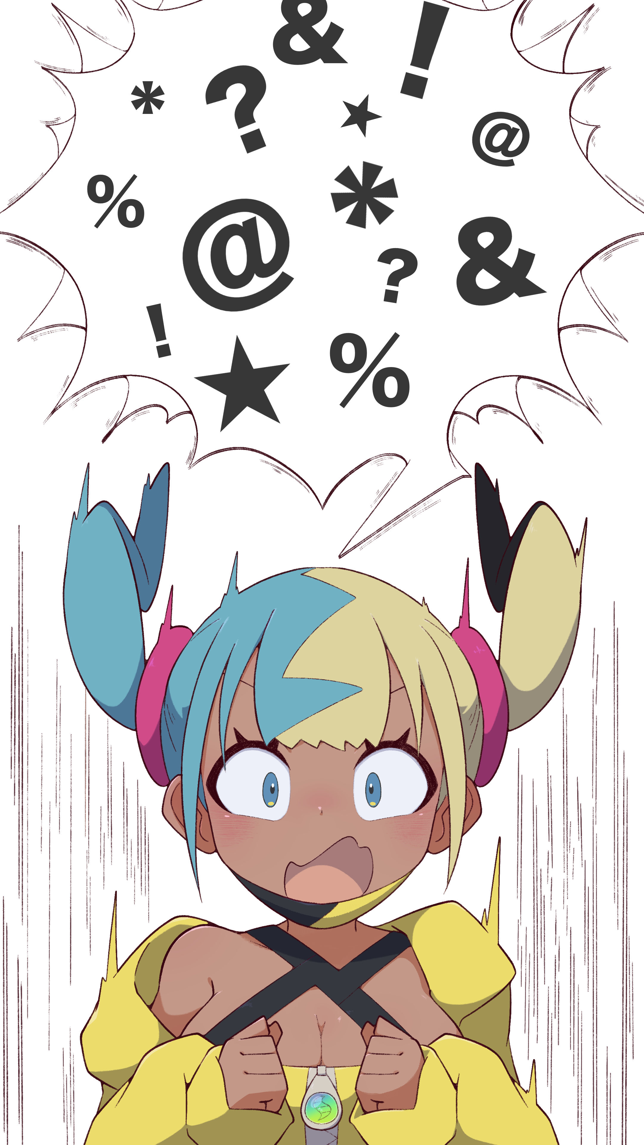 afuron, canari (pokemon), nintendo, pokemon, pokemon legends: z-a, absurdres, commentary request, highres, 1girl, blue eyes, breasts, cleavage, clenched hands, eyelashes, floating hair, hands up, jacket, long sleeves, looking at viewer, multicolored hair, open mouth, short twintails, sleeves past wrists, solo, surprised, twintails, white background, yellow jacket, zipper pull tab