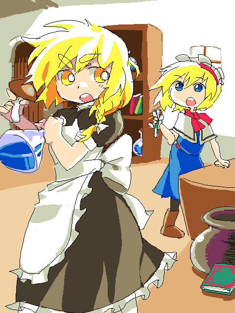 8bit, hachi (8bit canvas), alice margatroid, kirisame marisa, touhou, bad id, bad pixiv id, 2girls, blonde hair, blue eyes, book, bookshelf, braid, female focus, flask, hairband, multiple girls, mushroom, oekaki, short hair, test tube, yellow eyes