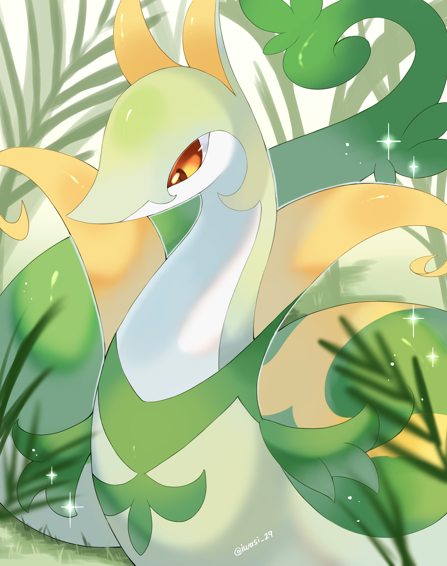 iwasi 29, serperior, nintendo, pokemon, commentary request, highres, animal focus, artist name, blurry, blurry foreground, closed mouth, gen 5 pokemon, leaf, no humans, on grass, pokemon (creature), red eyes, snake, sparkle, twitter username