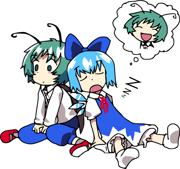 8bit, hachi (8bit canvas), cirno, wriggle nightbug, touhou, bad id, bad pixiv id, 2girls, antennae, back-to-back, blue hair, cape, dreaming, female focus, full body, green eyes, green hair, multiple girls, short hair, sleeping, transparent background, wings