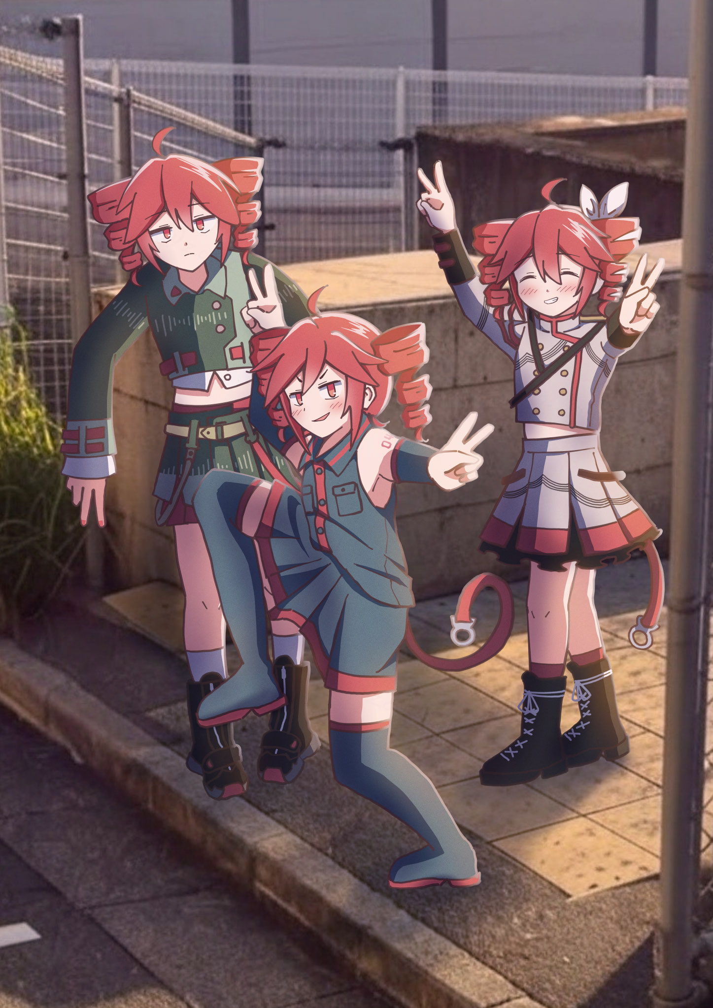 zooo 3, kasane teto, kasane teto (sv), kasane teto (utau), kasane teto (voicepeak), utau, hashtag-only commentary, highres, 3girls, ahoge, bare shoulders, belt, black boots, black shirt, black skirt, black sleeves, boots, bow, buttons, chain-link fence, closed eyes, collared shirt, detached sleeves, double v, drill hair, fence, grey jacket, grey skirt, hair between eyes, hair bow, high school girls posing for google street view (meme), jacket, lace-up boots, light blush, long sleeves, looking at viewer, meme, multiple girls, number tattoo, outdoors, photo background, red eyes, red hair, shirt, skirt, sleeveless, sleeveless shirt, smile, sound wave, standing, standing on one leg, tattoo, twin drills, v, white bow