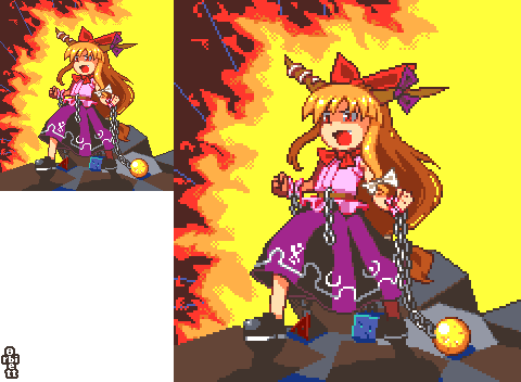 8bit, hachi (8bit canvas), ibuki suika, touhou, bad id, bad pixiv id, lowres, 1girl, brown hair, chain, female focus, fire, horns, long hair, orange hair, pixel art, red eyes, ribbon, transparent background